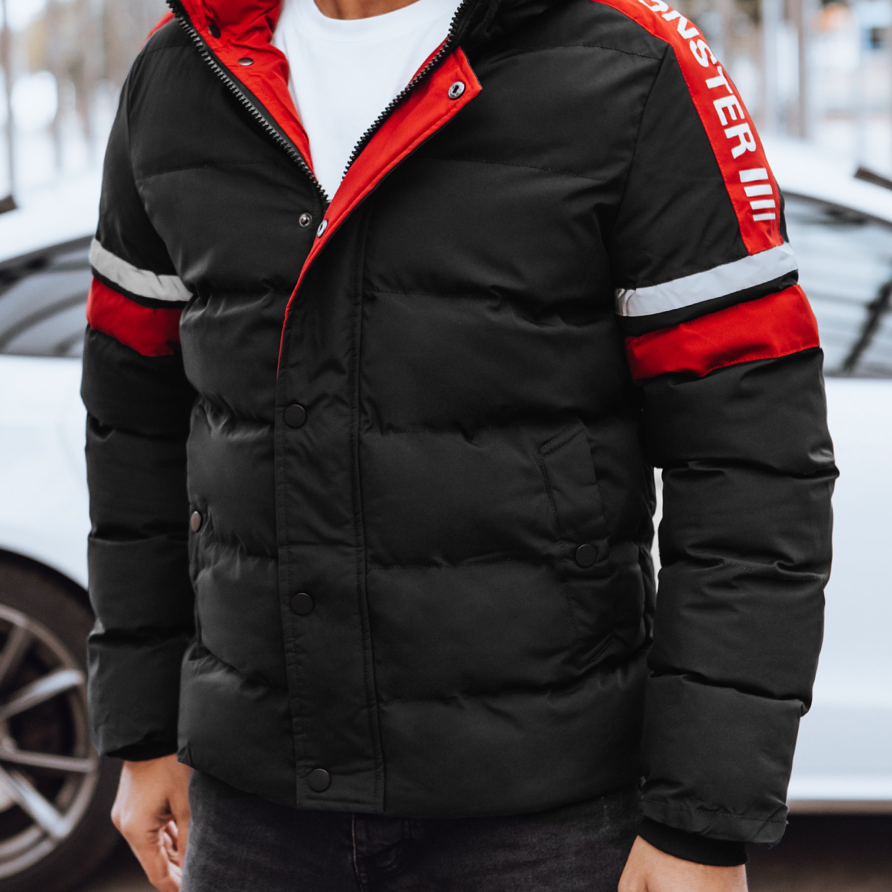 Image of Men's Winter Puffer Jacket With A Detachable Hood, Jacket With A Zipper And Pockets, Sporty Jacket With Reflective Inserts And A Collar, Winter Clothing For Men For Everyday Wear.