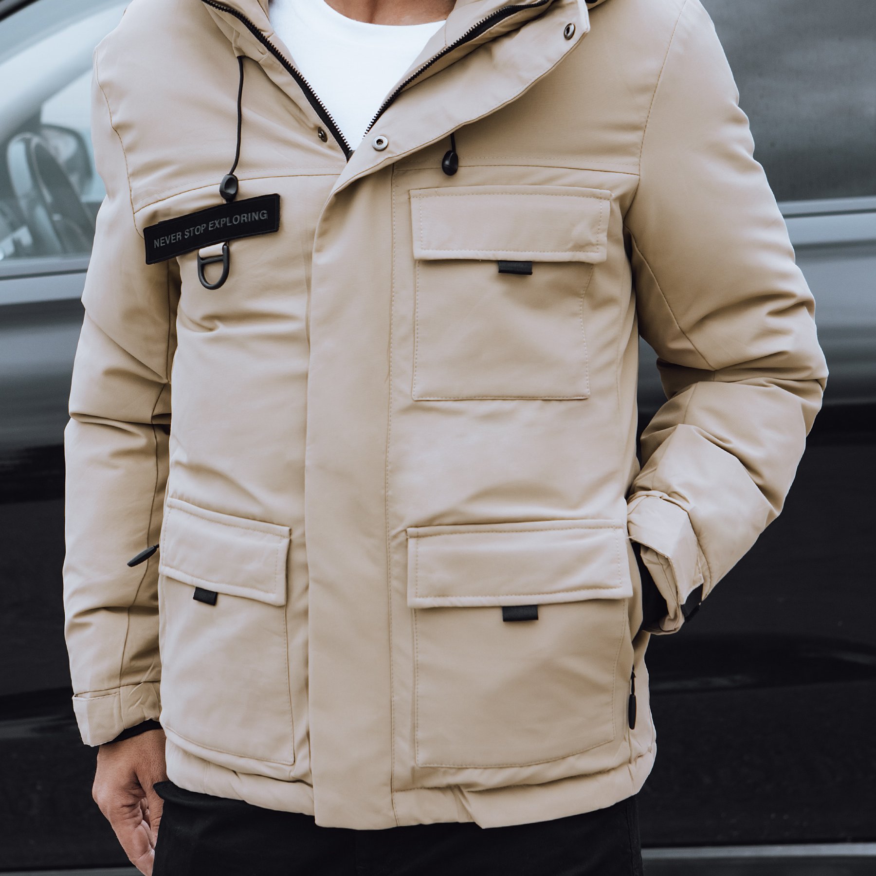 Men's Winter Jacket With Hood, Zipper And Snap Buttons, Multiple Pockets, Slim Fit, Stylish Sporty Design, Fashionable Synthetic-lined Jacket For Everyday Outfits