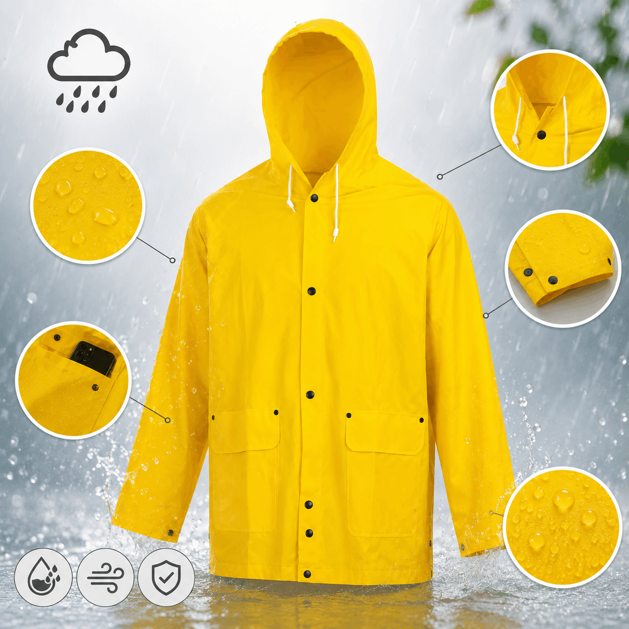 TEMU Chaqueta de lluvia unisex de PVC, impermeable con capucha, color