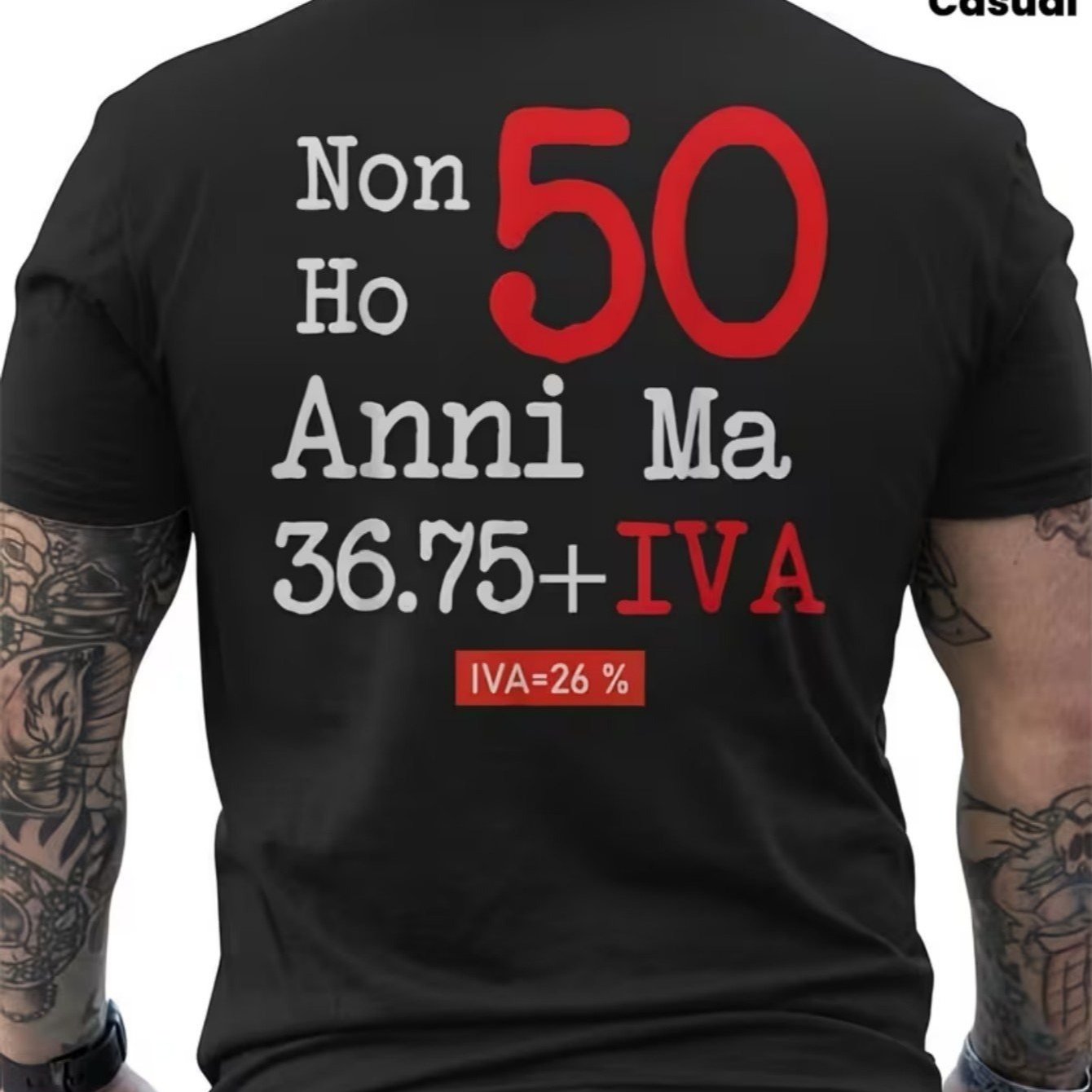 TEMU Funny Men's T-shirt For 50th Birthday | Italian-inspired Age Joke (not 50, 3675 Vat) Print On The Back, Black With Red And White Text - For