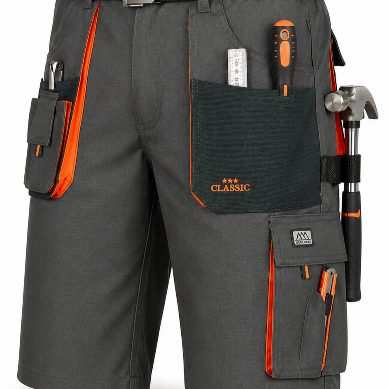 Men's Cargo Shorts With 8 Pockets – Durable Canvas 270g/m², Grey/orange, Heavy-duty Casual & Outdoor Work Shorts