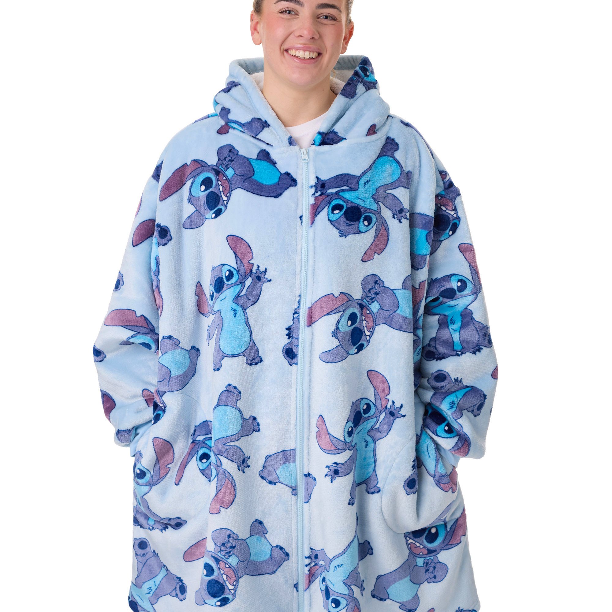 TEMU & Stitch Women's Wearable Blanket Hoodie | Adults Hooded Zip Fleece In Blue | All Over Stitch Character Print Loungewear | Sherpa Lining &
