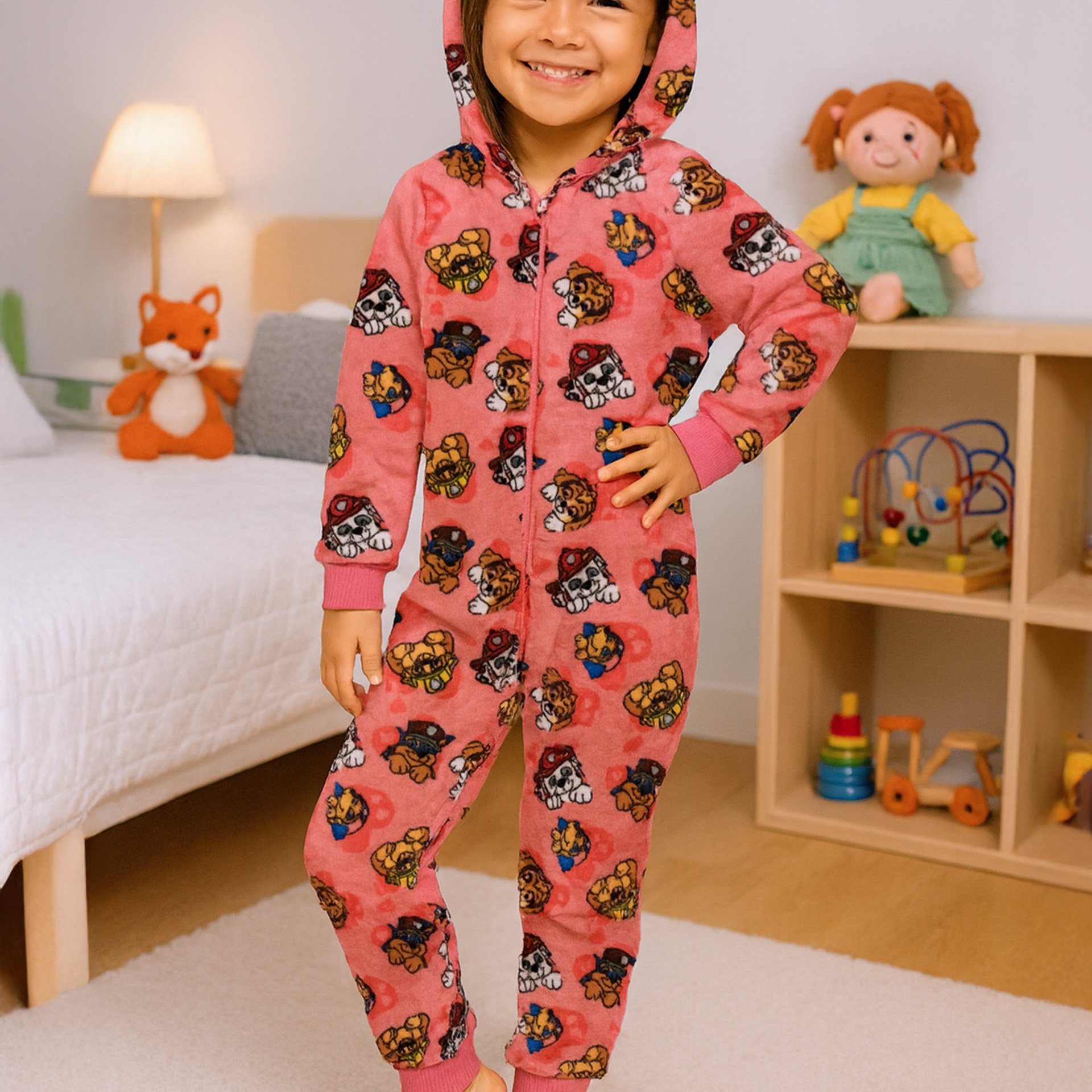 Image of Hooded Jumpsuit For Girls - Kids Pajama Onesie Long Sleeve Pink