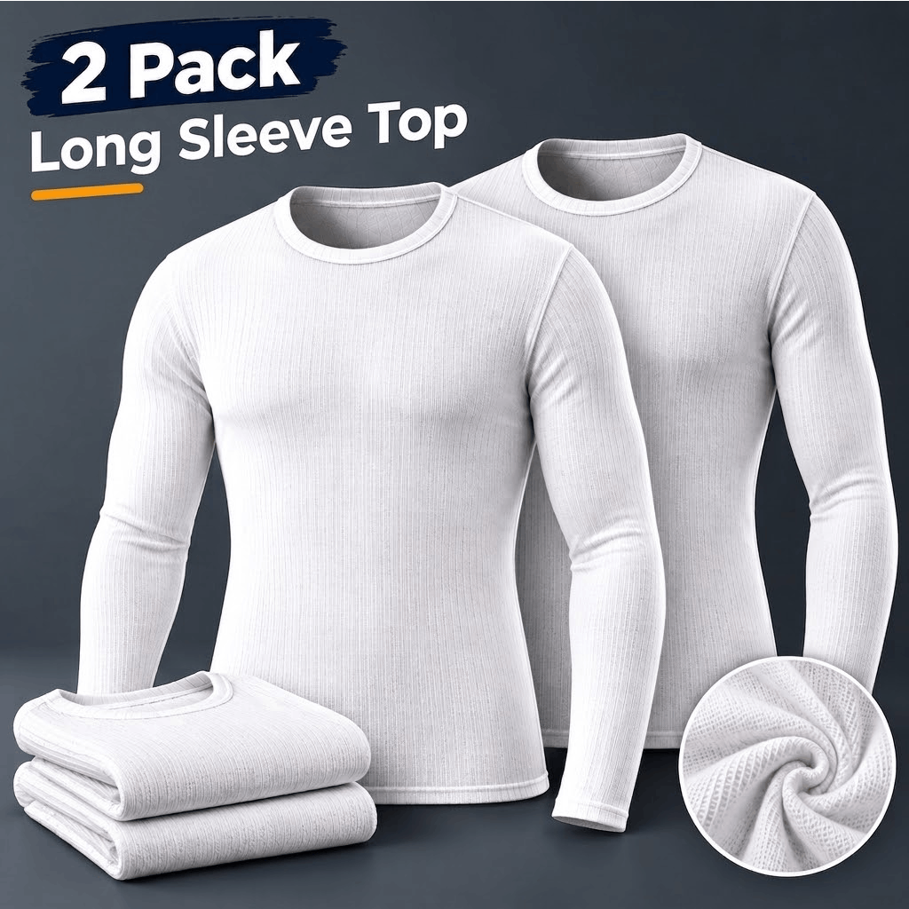 TEMU Men's 2 Pack Thermal Long Sleeve Tops – White Warm Base Layer Shirts, Tops, Lightweight Stretch Thermal Tops For Cold Weather, Autumn & Winter -