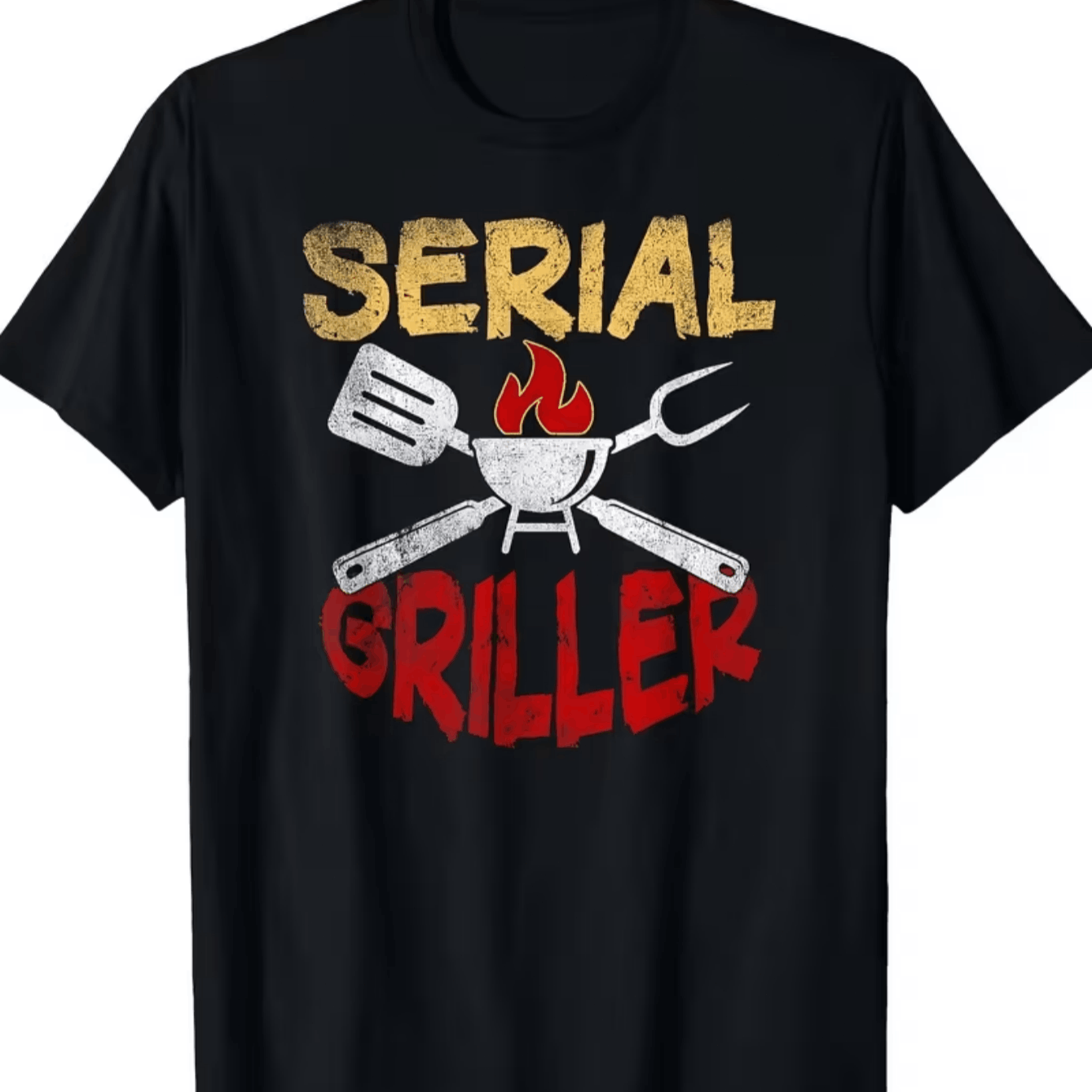 TEMU Funny Bbq T-shirt - "" Design With Grill Tools And Flames, Black Short Sleeves, Comfortable And Loose Fit, Machine Washable, Ideal For Barbecue