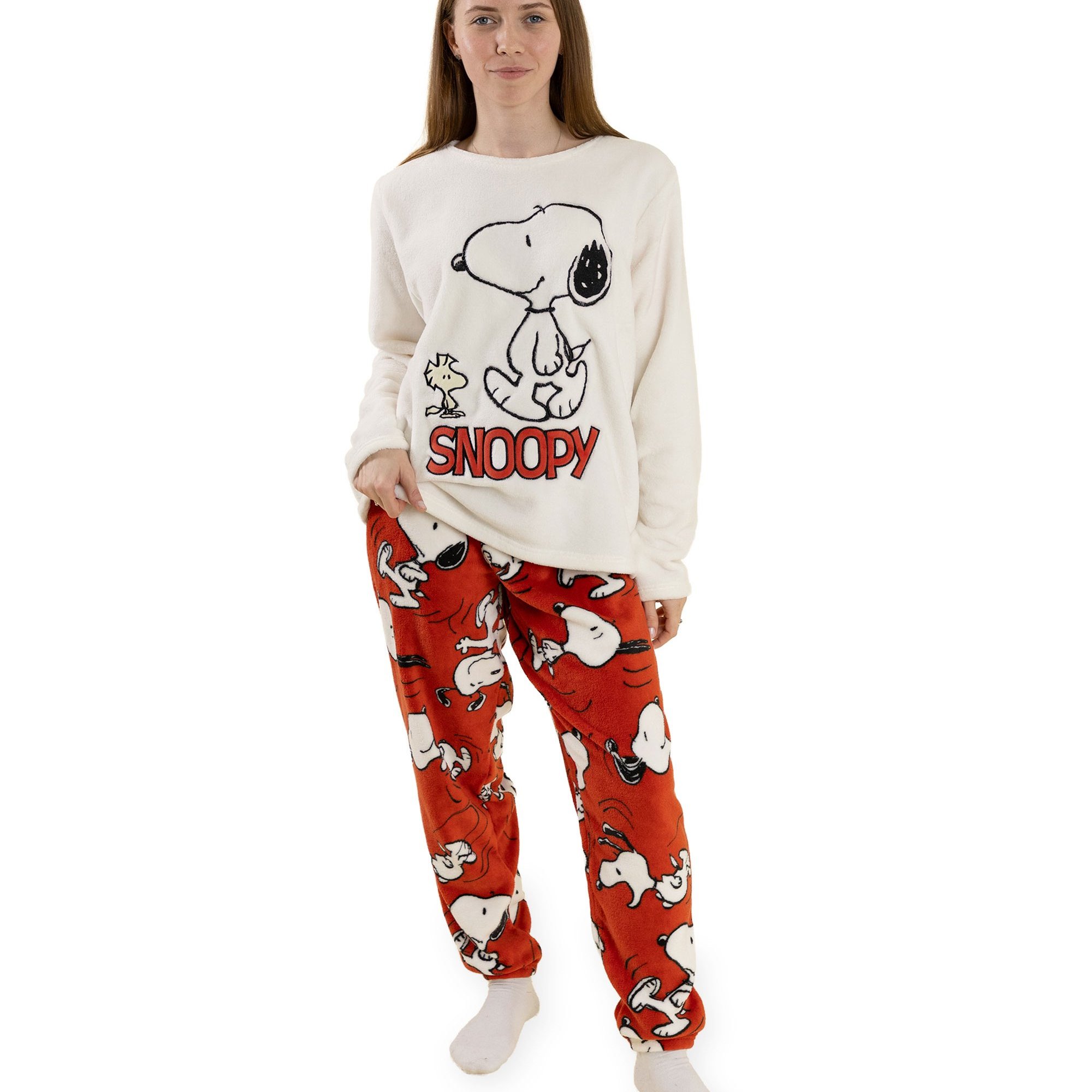 TEMU Snoopy Womens Cream Red Long Sleeve Long Leg Pyjama Set | Cosy Fleece Sleepwear With Design | Perfect For At Home Or Bedtime | Merch -