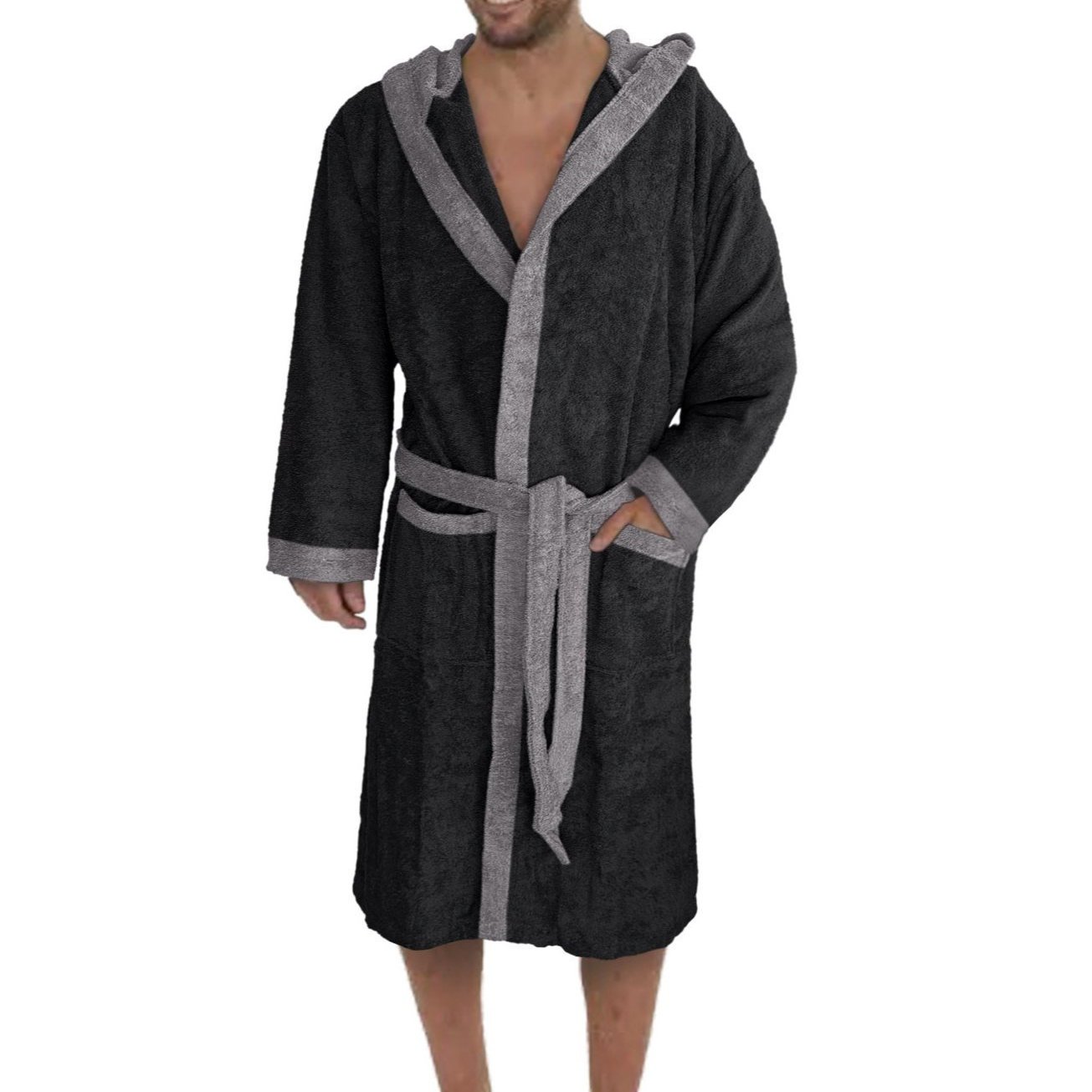 Image of Men's Fleece Bathrobe Hoodie And Long Belt Long Leg 2 Pockets (1496-l3)