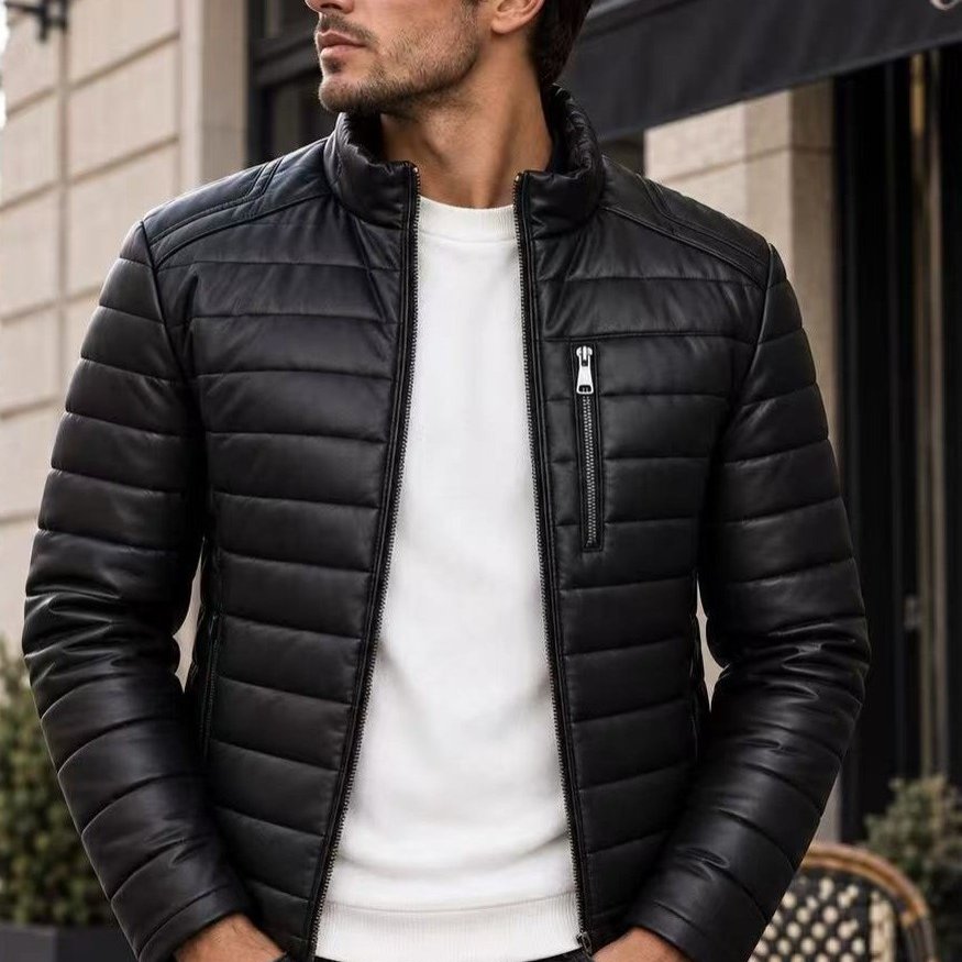 Image of Black Men's Quilted Jacket With Zippers, With Zip Pockets, Men's Jacket