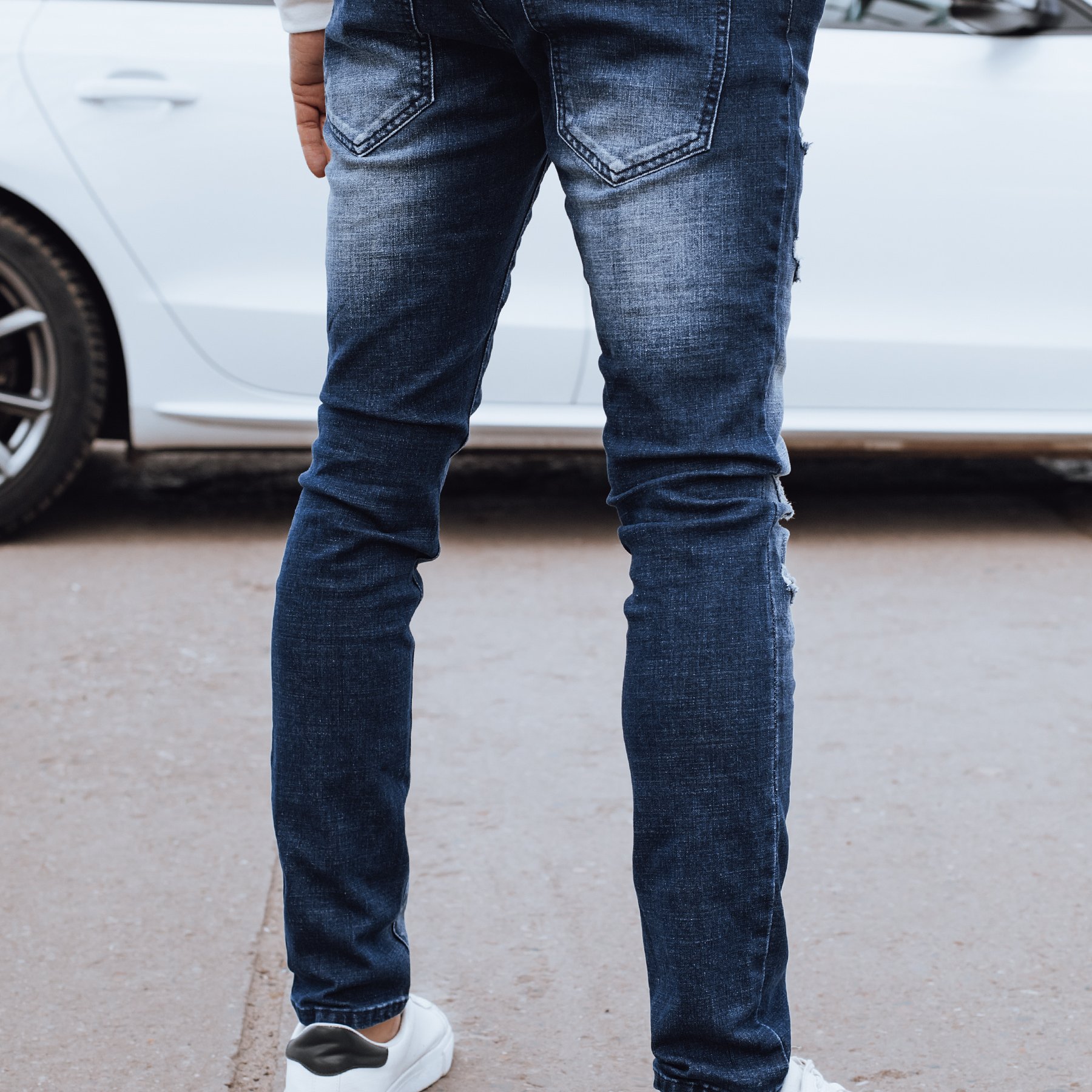 Image of Men's Slim Fit Distressed Jeans With Patched Holes, Stylish Denim Pants With Leg Patch, Elastic Cotton-polyester Blend, Comfortable Casual Streetwear Design, Wear, 4296