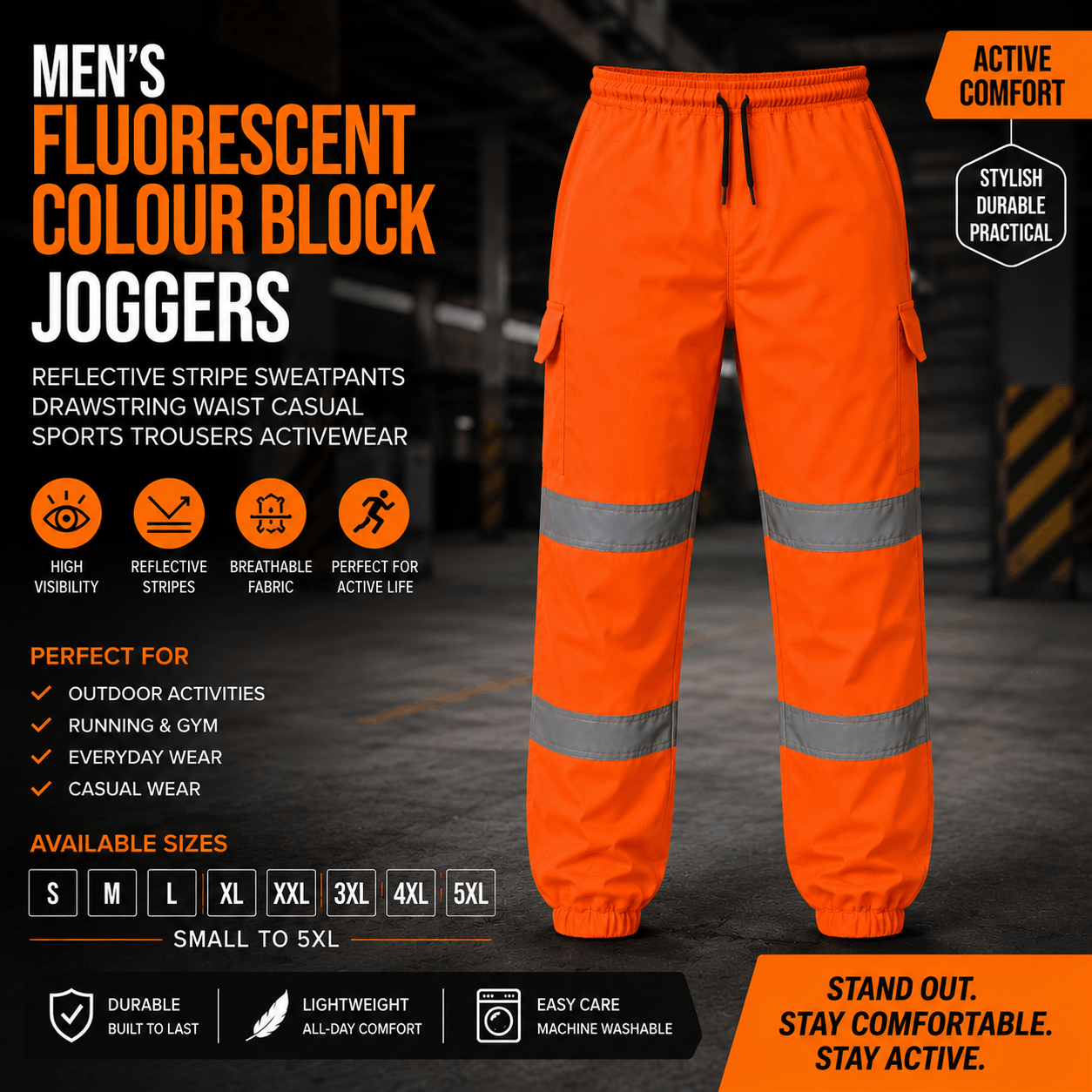 TEMU Men's Reflective Jogger Trousers Fleece Lined Cargo Pants, Warm Reflective Style Trousers With Reinforced Knees, Multi Pocket Drawstring Waist,