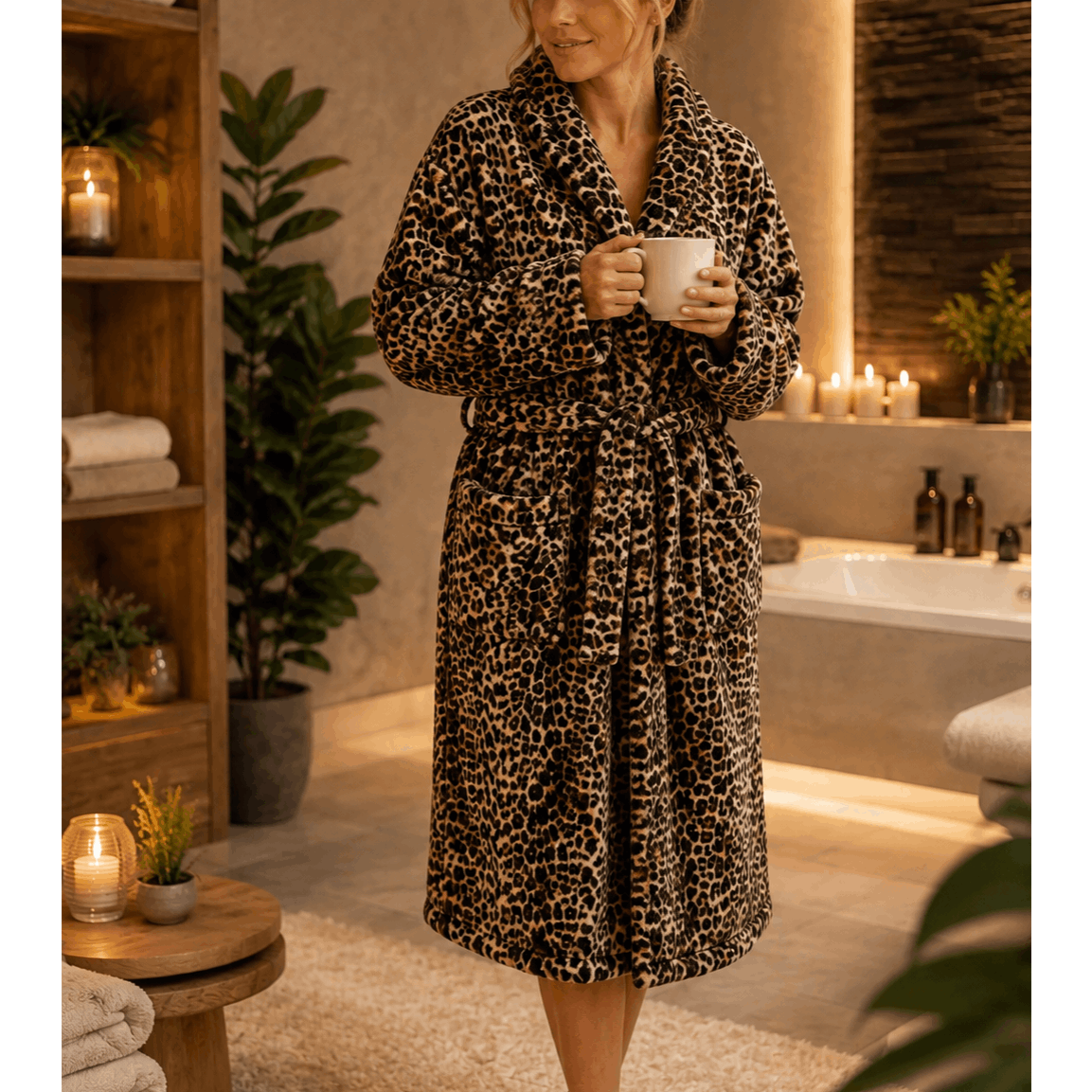 Image of Cozy Bathrobe For – Microfiber Robe In Classic Gold Leopard Design, Plush Soft, Quick-drying, Shawl Collar, Belt & Pockets