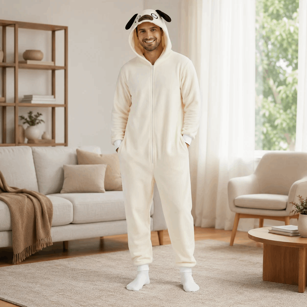 Image of Pug Dog Onesie Cosplay Plush Pajamas With Hood And Pockets, Unisex Adults, Autumn Winter, S-xxl (155 - 195cm) Nerd Hunters