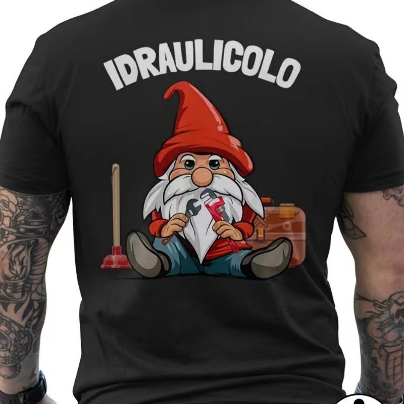 TEMU Funny Italian Hydraulic Plumber T-shirt With Christmas Gnome Print, Black Casual Tee For Parties, Ideal For Plumbers And Diy Enthusiasts. Short