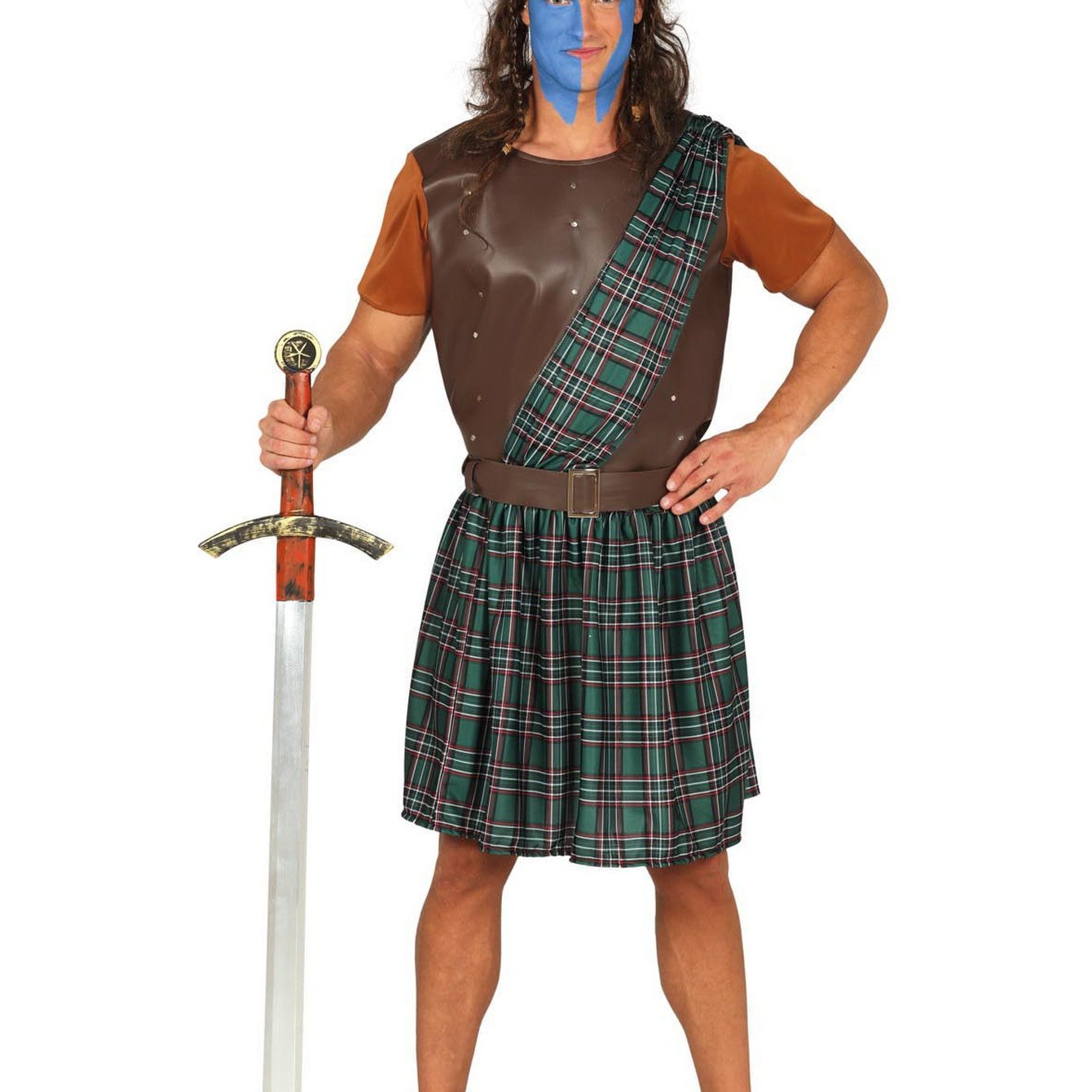 Image of Warrior Costume Carnival Tartan Rustic Medieval Hero Mardi Gras Clothing Scottish Warrior Historical Fairytale King Legend Armor Accessories Costume