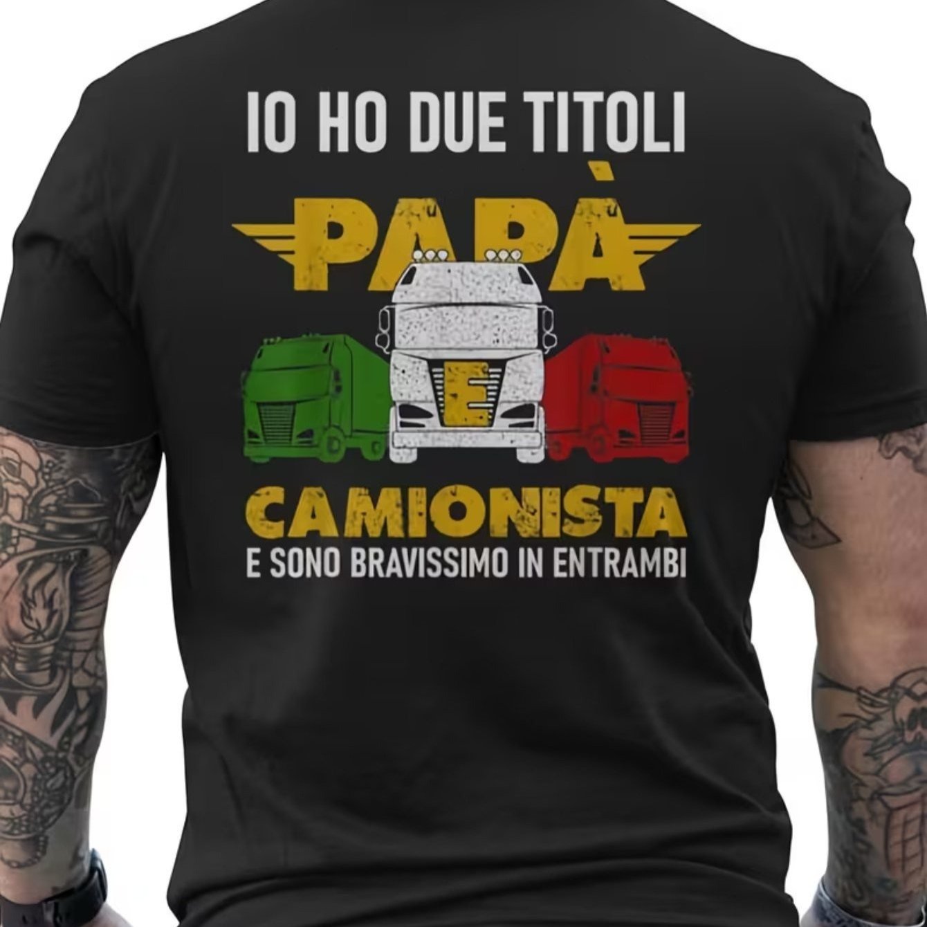 TEMU Italian-themed Men's T-shirt "i Have 2 Titles" For Dads And Truckers - Back Print With Truck And Italian Plate, Casual Short-sleeved Round-neck