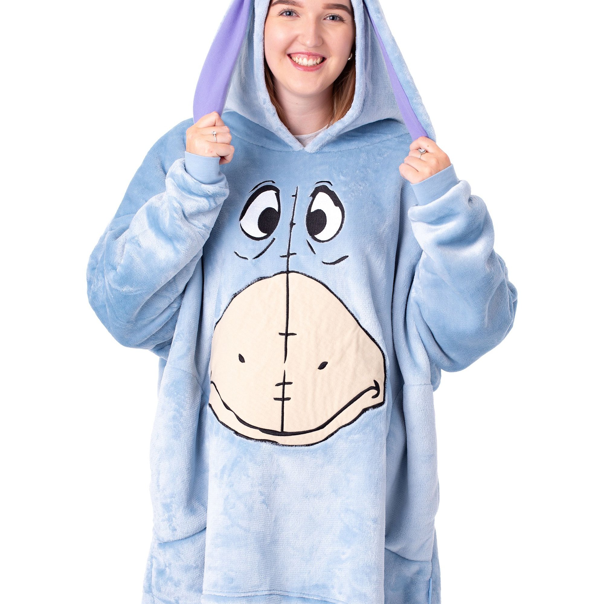 TEMU Womens Wearable Blanket Hoodie | Adults Blue Hooded Pullover With Donkey Character Face | Ladies Sherpa Lined Loungewear 3d Ears | Winnie The