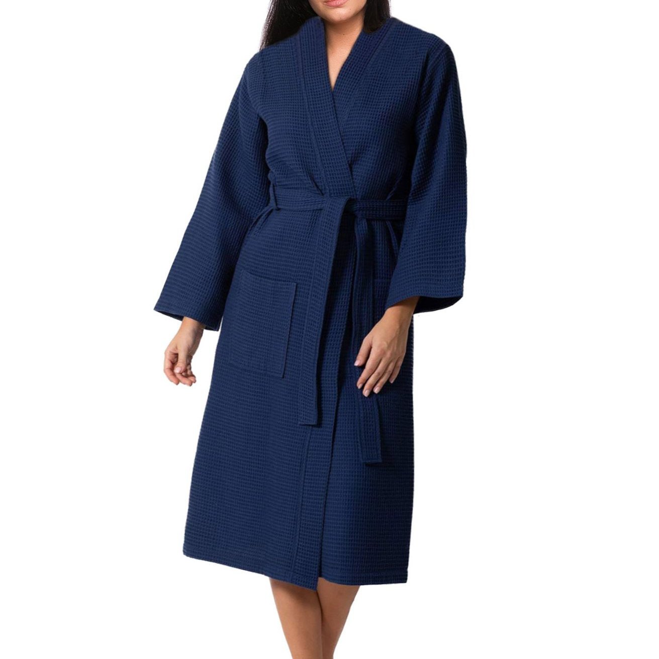 Image of Bathrobe For Women Xs Waffle Made Of 100% With Hood Long Version Navy Blue - (1493-l2