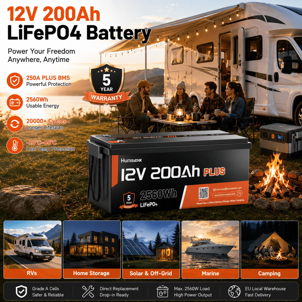 зображення предмета акумулятор lifepo4 12v 200ah, 2560wh літієвий акумулятор глибокого циклу з bms 250a, акумулятор для зберігання енергії для rv, караванів, будинків на колесах, сонячних електростанцій, автономних  , морських суден, човнів та кемпінгу