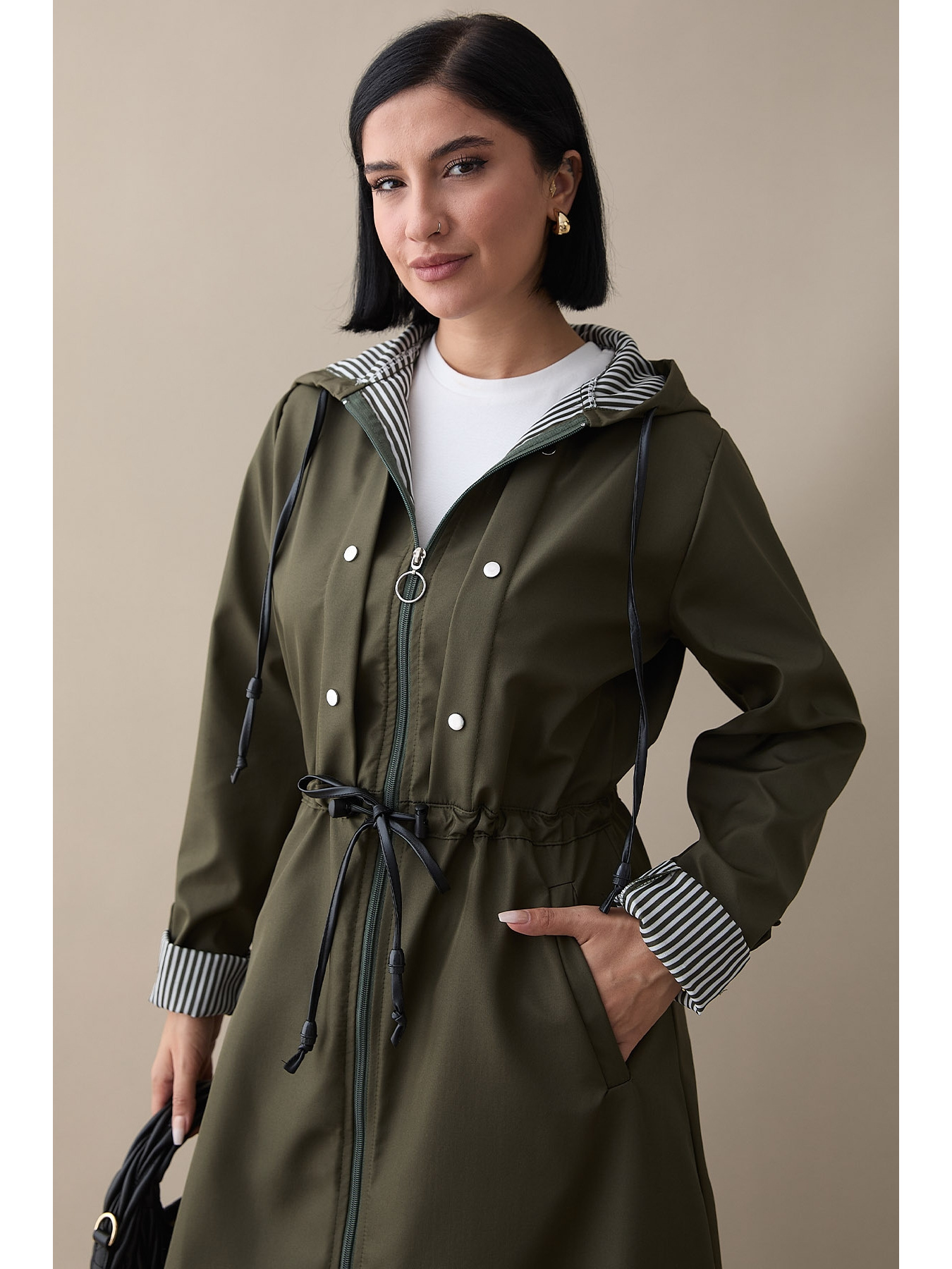 Çakımlı Çizgili Desen Uzun Haki Trençkot