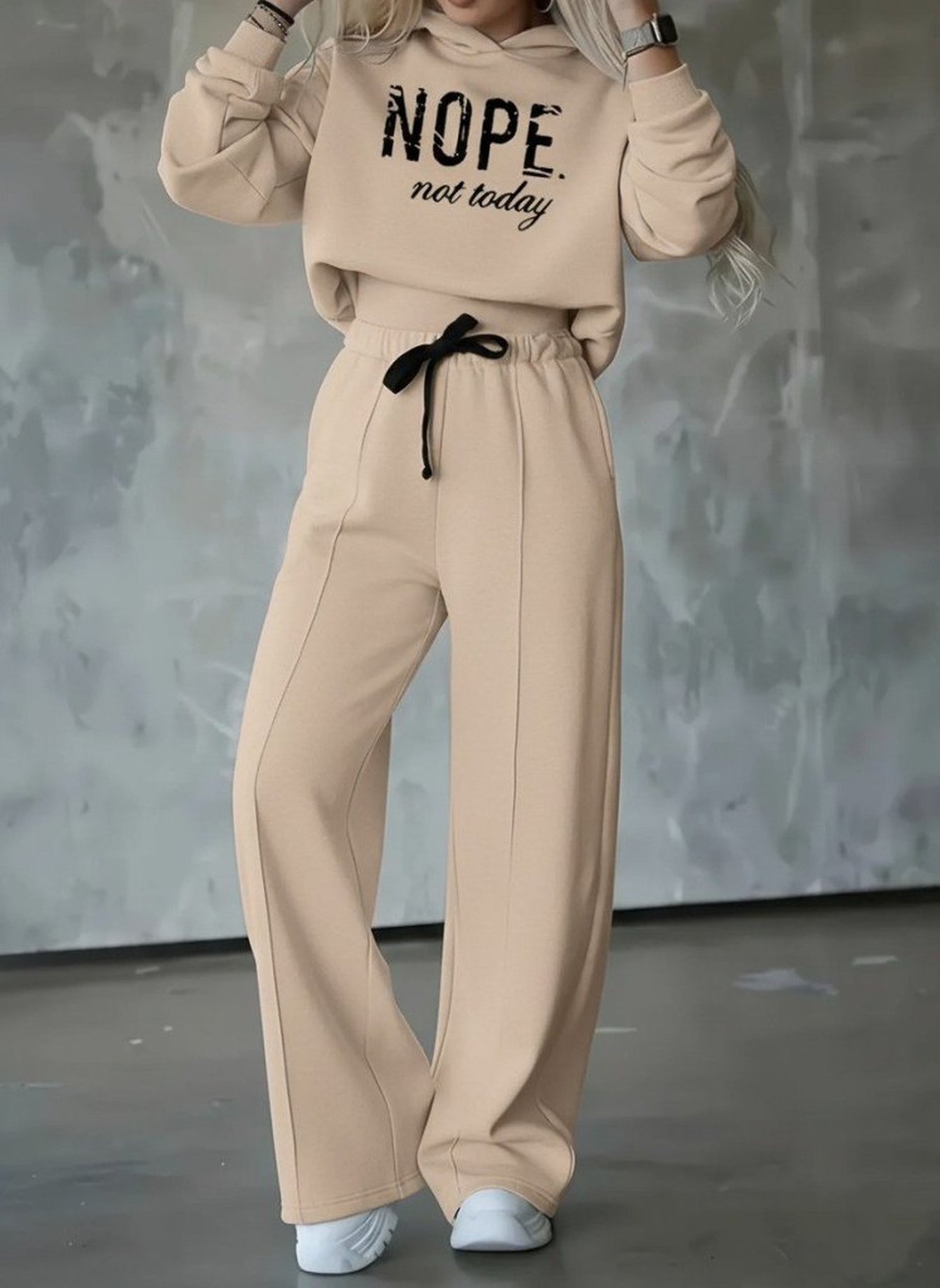 فستان نسائي طويل الأكمام مطبوع عليه nope بحزام خصر وشريط، تصميم   مريح وأنيق قطعتين تفاصيل المنتج 0
