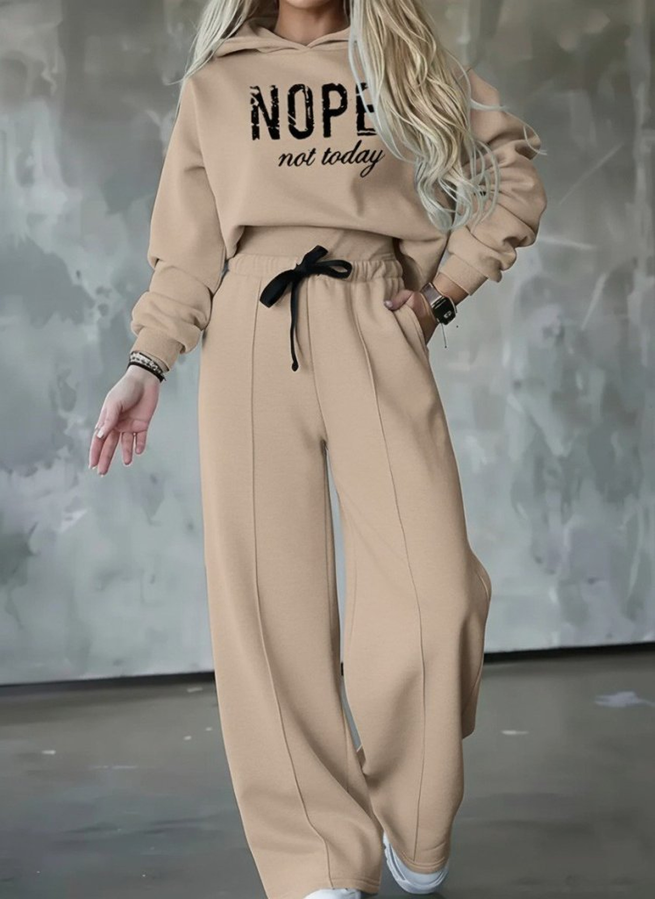 فستان نسائي طويل الأكمام مطبوع عليه nope بحزام خصر وشريط، تصميم   مريح وأنيق قطعتين تفاصيل المنتج 1