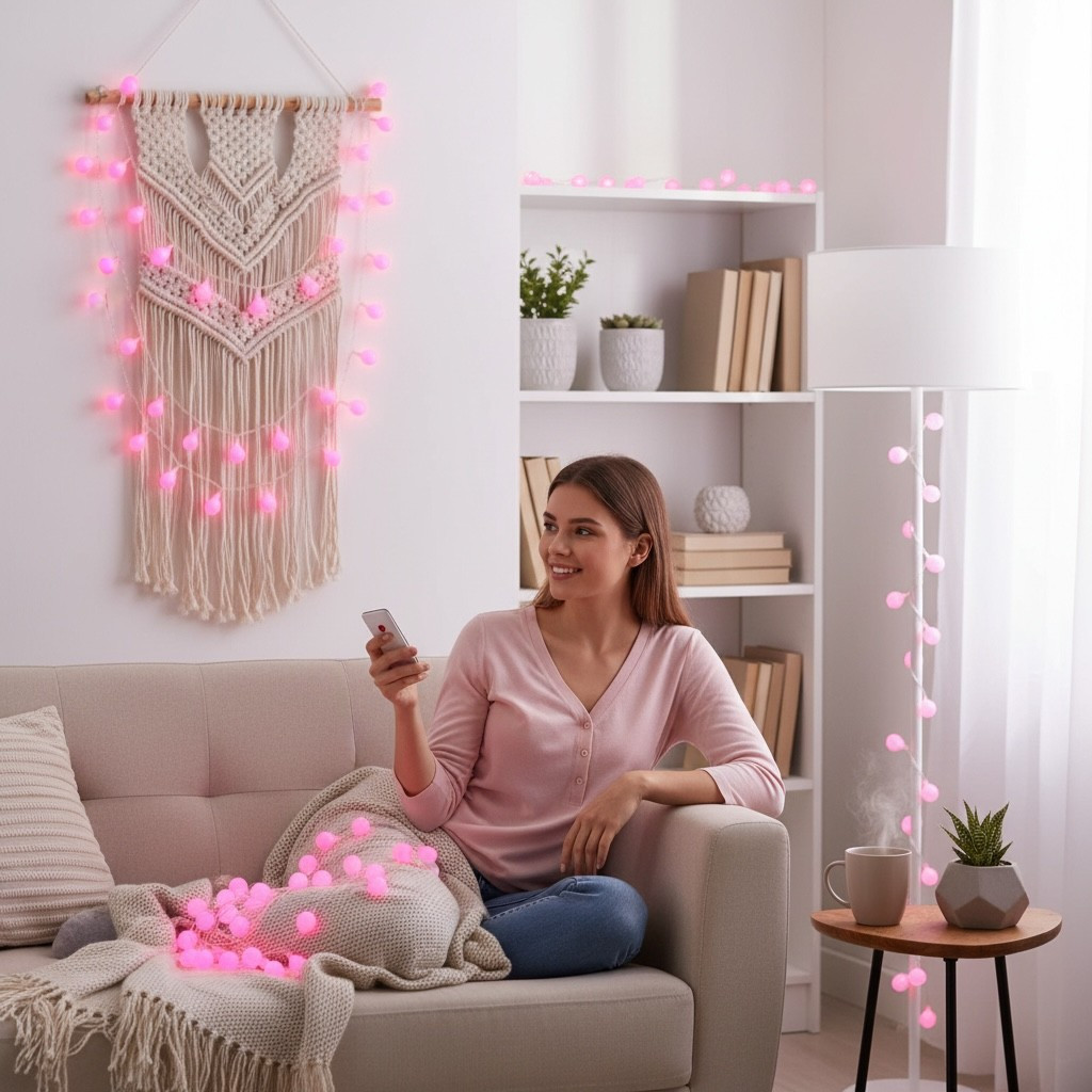 شريط إضاءة led وردي بطول 5 أمتار - إضاءة led زخرفية لعيد الميلاد لتزيين الطاولة وغرفة تفاصيل المنتج 0