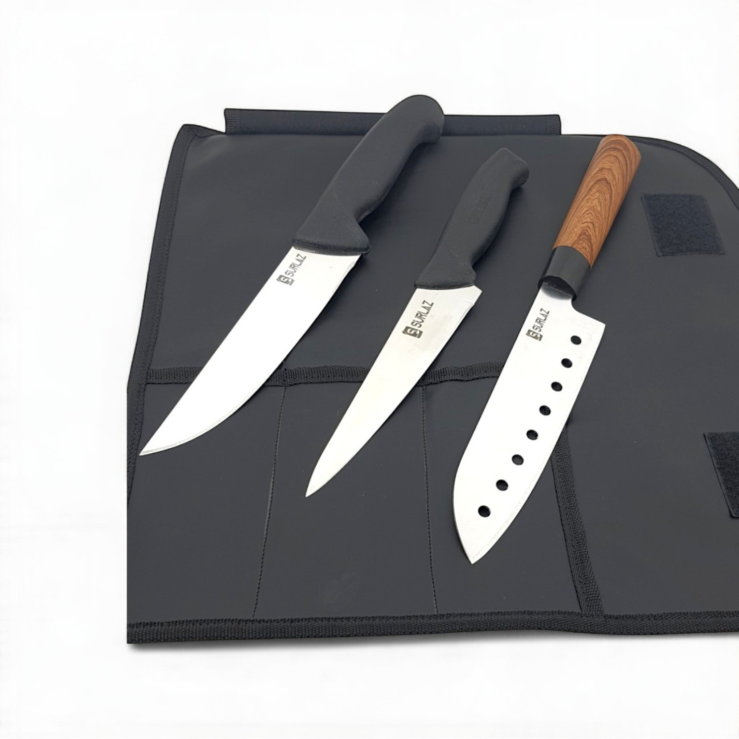 SürLaz İsme Özel Deri Çantalı 3 Parça Bıçak 1 Parça Deri Çanta Mutfak Şef Bıçak Seti