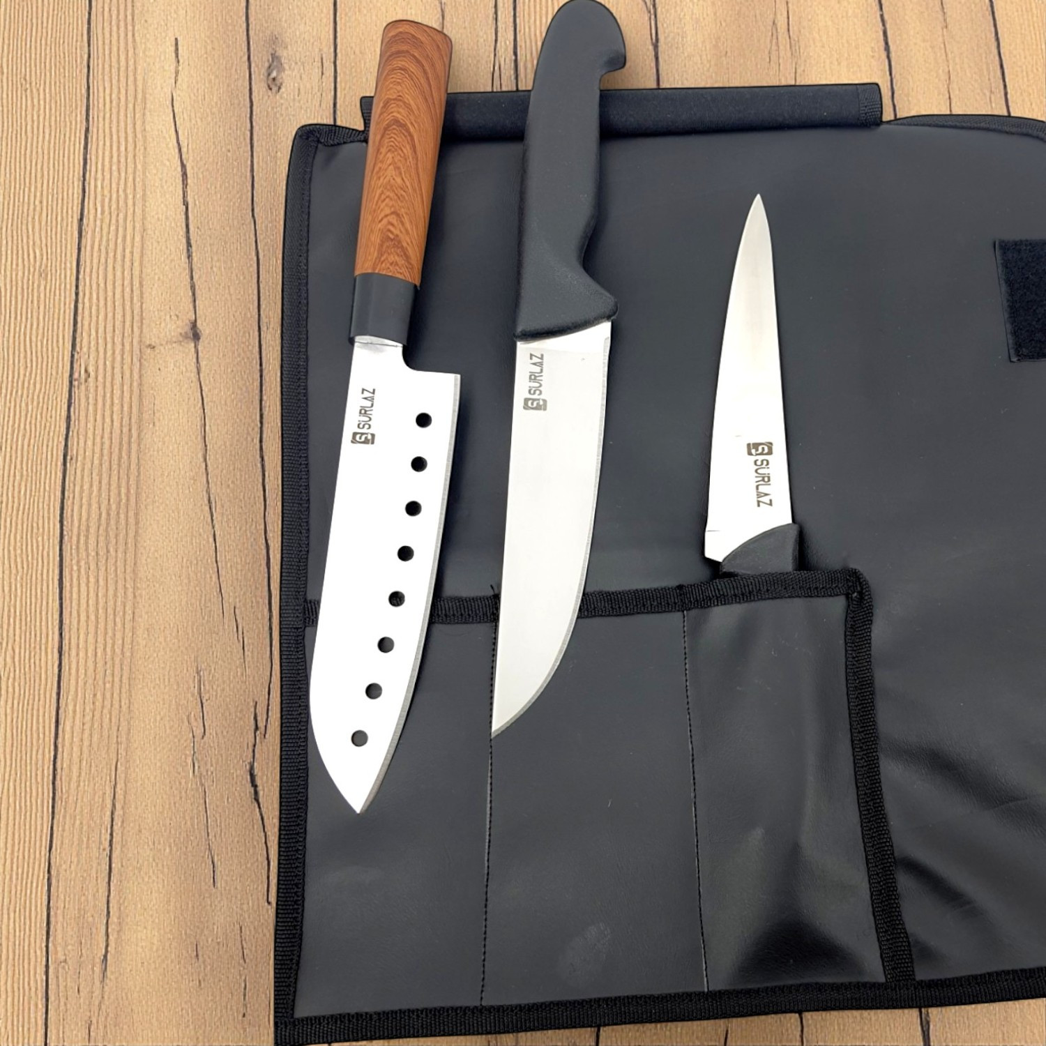 SürLaz İsme Özel Deri Çantalı 3 Parça Bıçak 1 Parça Deri Çanta Mutfak Şef Bıçak Seti