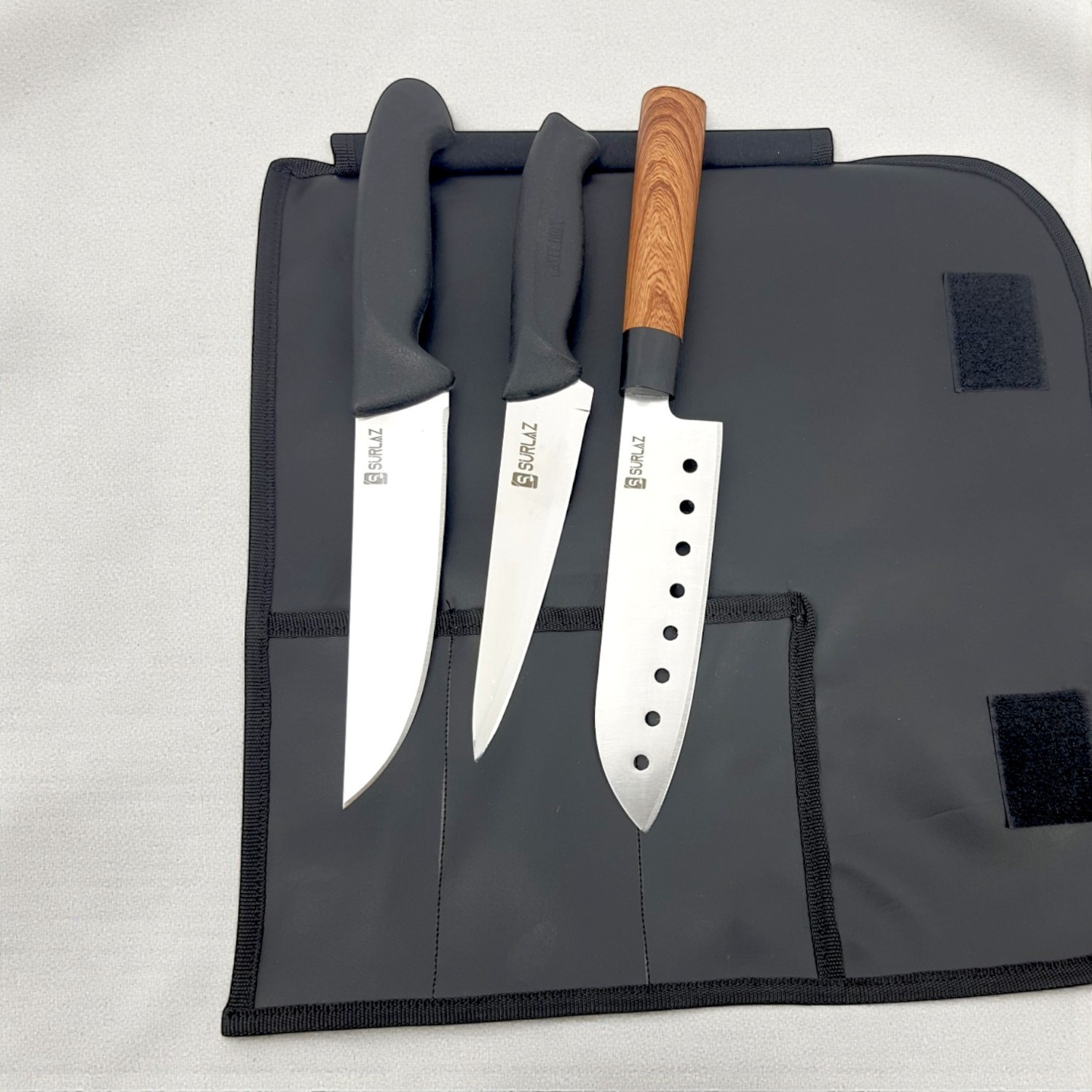 SürLaz İsme Özel Deri Çantalı 3 Parça Bıçak 1 Parça Deri Çanta Mutfak Şef Bıçak Seti