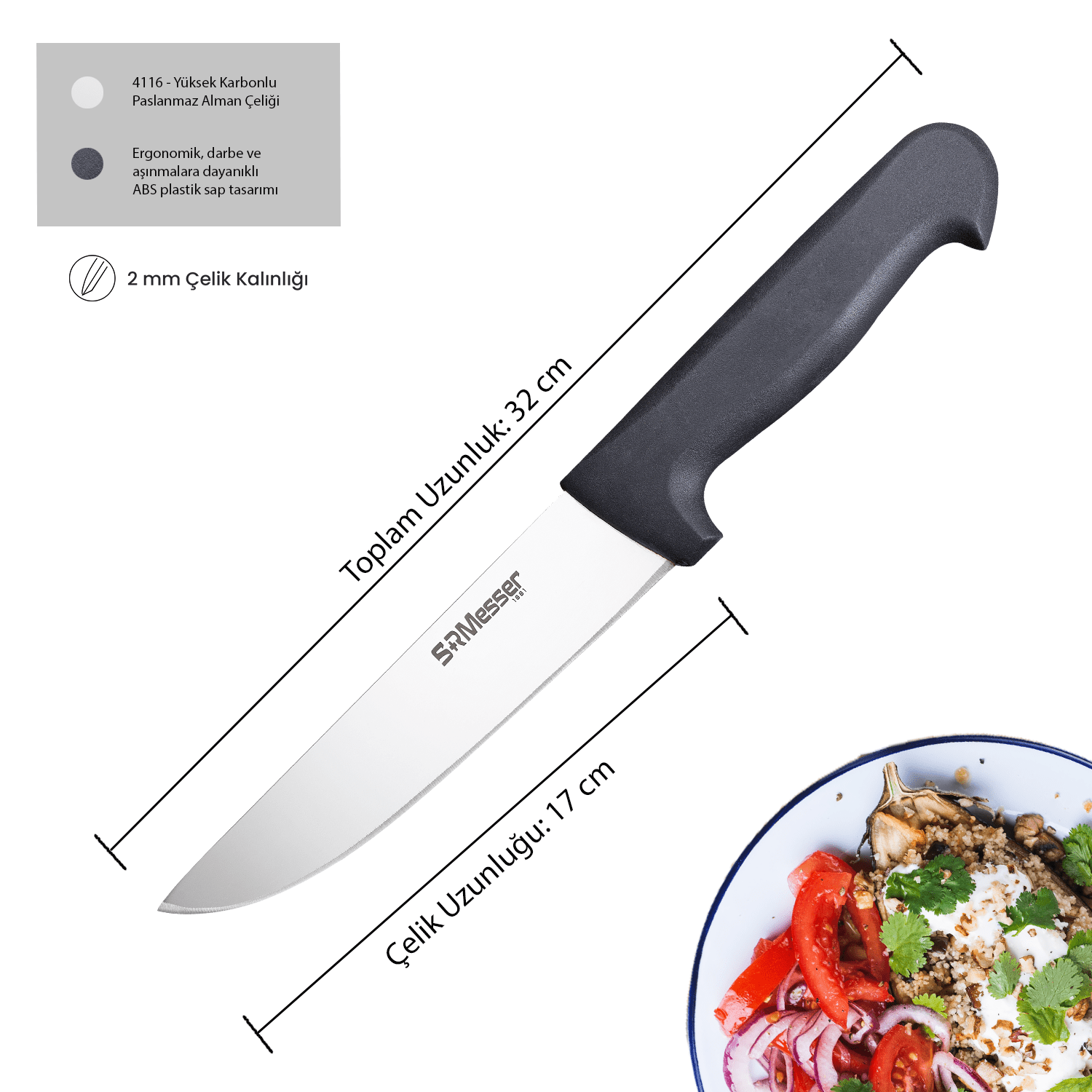 SRMesser 1881 Mutfak Bıçağı No 2 – Paslanmaz Çelik, Profesyonel Kesim Aracı, Et-Ekmek-Sebze-Meyve için Çok Yönlü Kullanım
