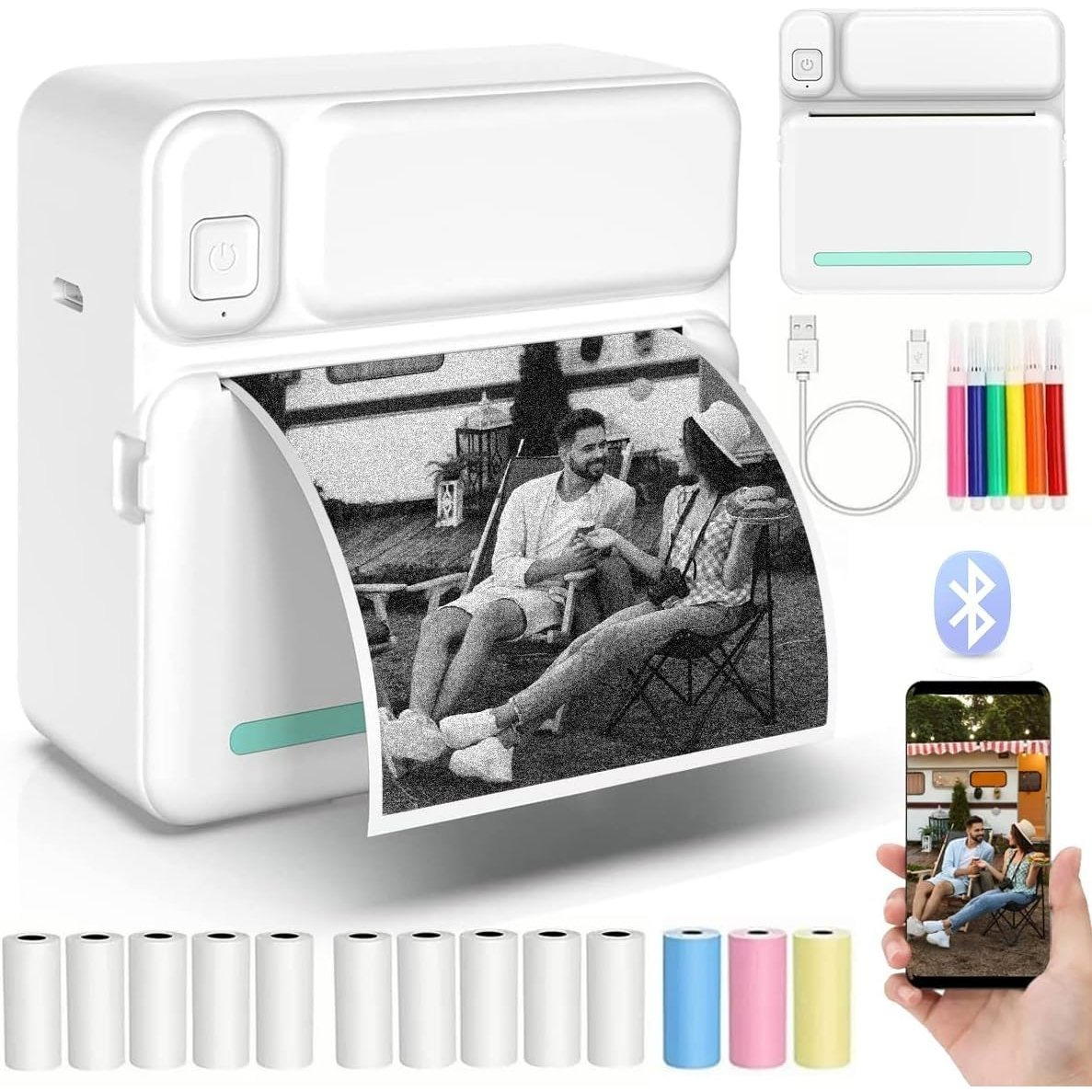bluetooth termal yazıcı seti | taşınabilir kablosuz mini yazıcı + 5 sticker kağıt + 5 yazıcı kağıdı + 3 renkli kağıt | ios ve   uyumlu, fiş etiket fotoğraf yazıcı