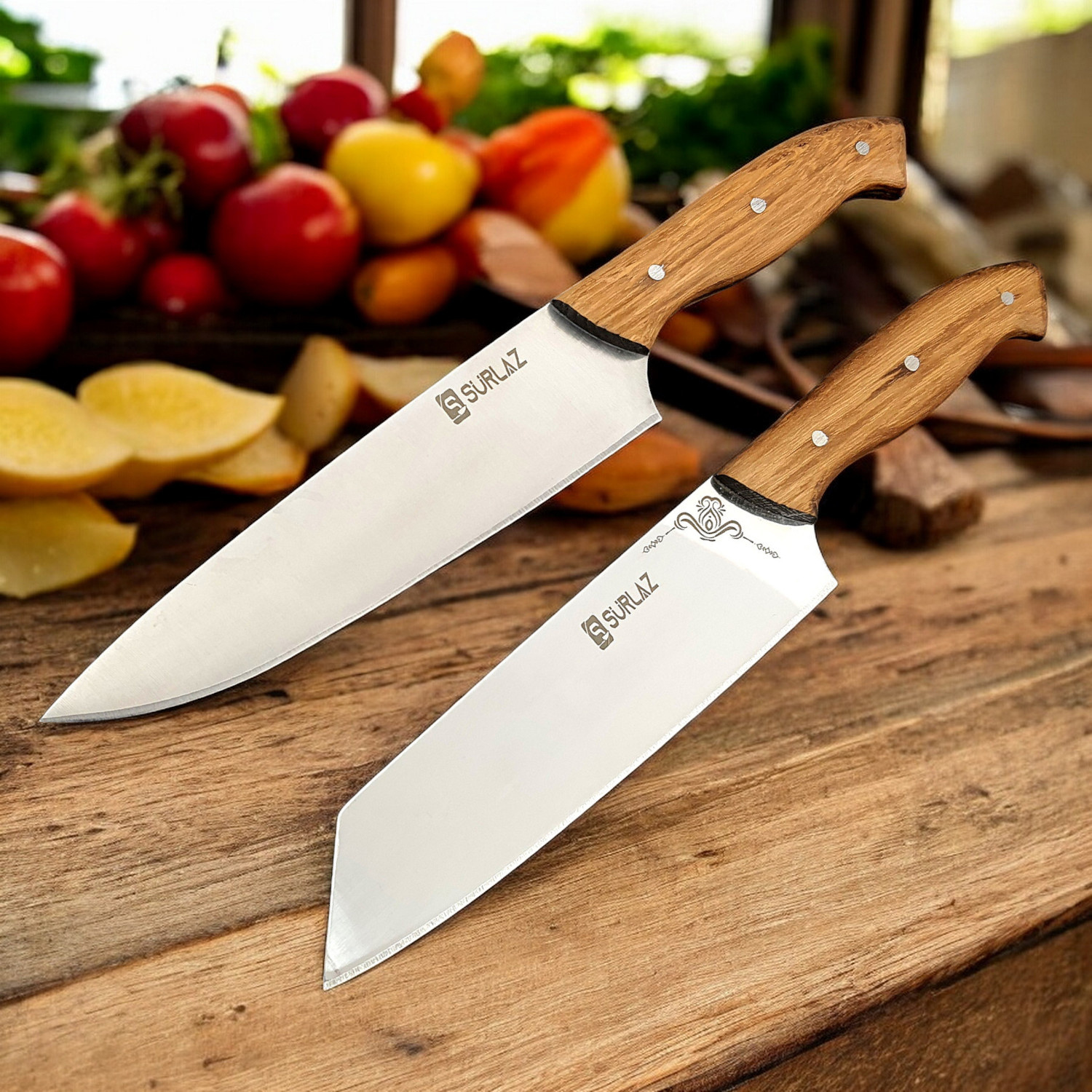 2’li Şef Bıçağı Hediye Seti – El Yapımı Ahşap Saplı Paslanmaz Çelik Profesyonel Mutfak Bıçakları