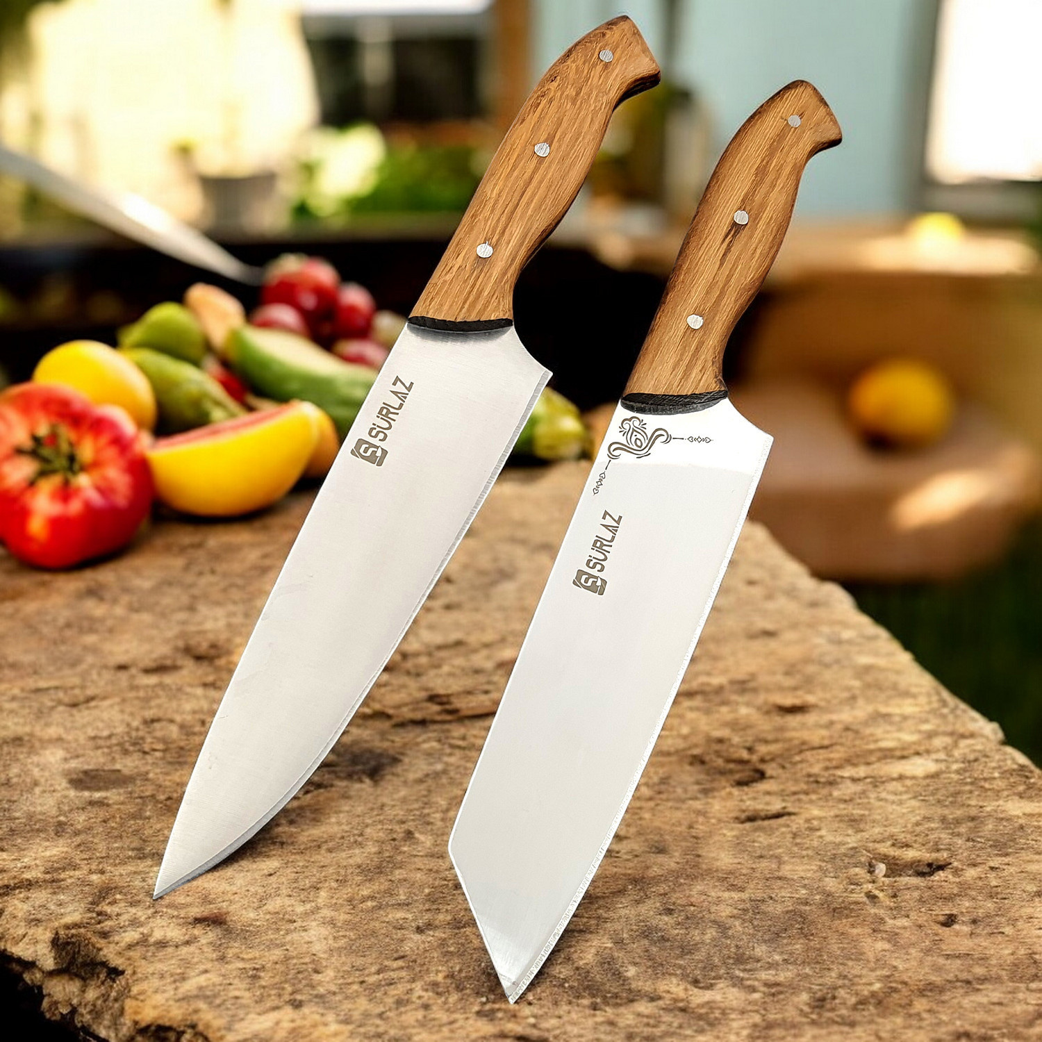 2’li Şef Bıçağı Hediye Seti – El Yapımı Ahşap Saplı Paslanmaz Çelik Profesyonel Mutfak Bıçakları