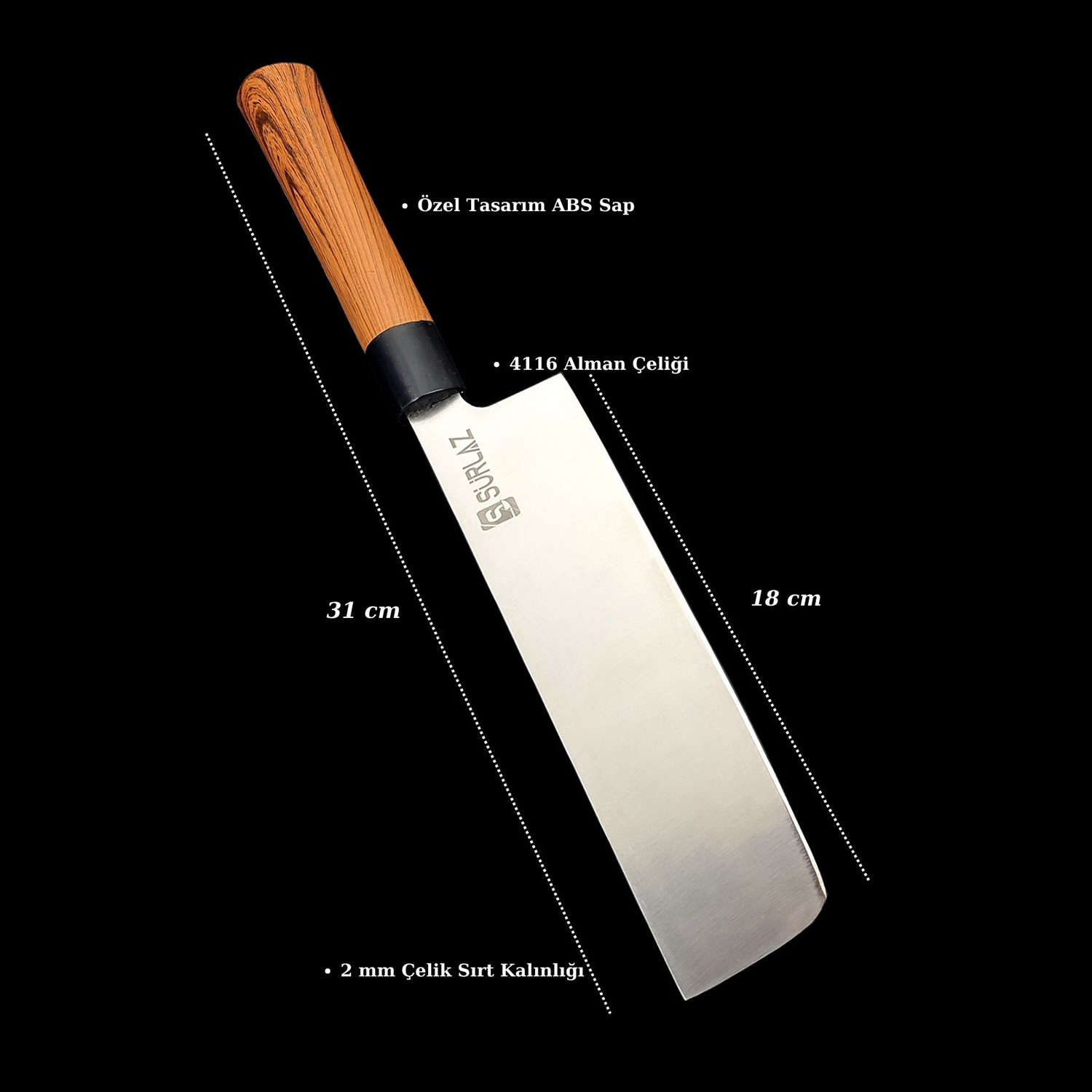 Kişiye Özel Nakiri Şef Bıçağı – 31 cm 4116 Alman Çeliği, ABS Saplı Profesyonel Sebze ve Mutfak Bıçağı