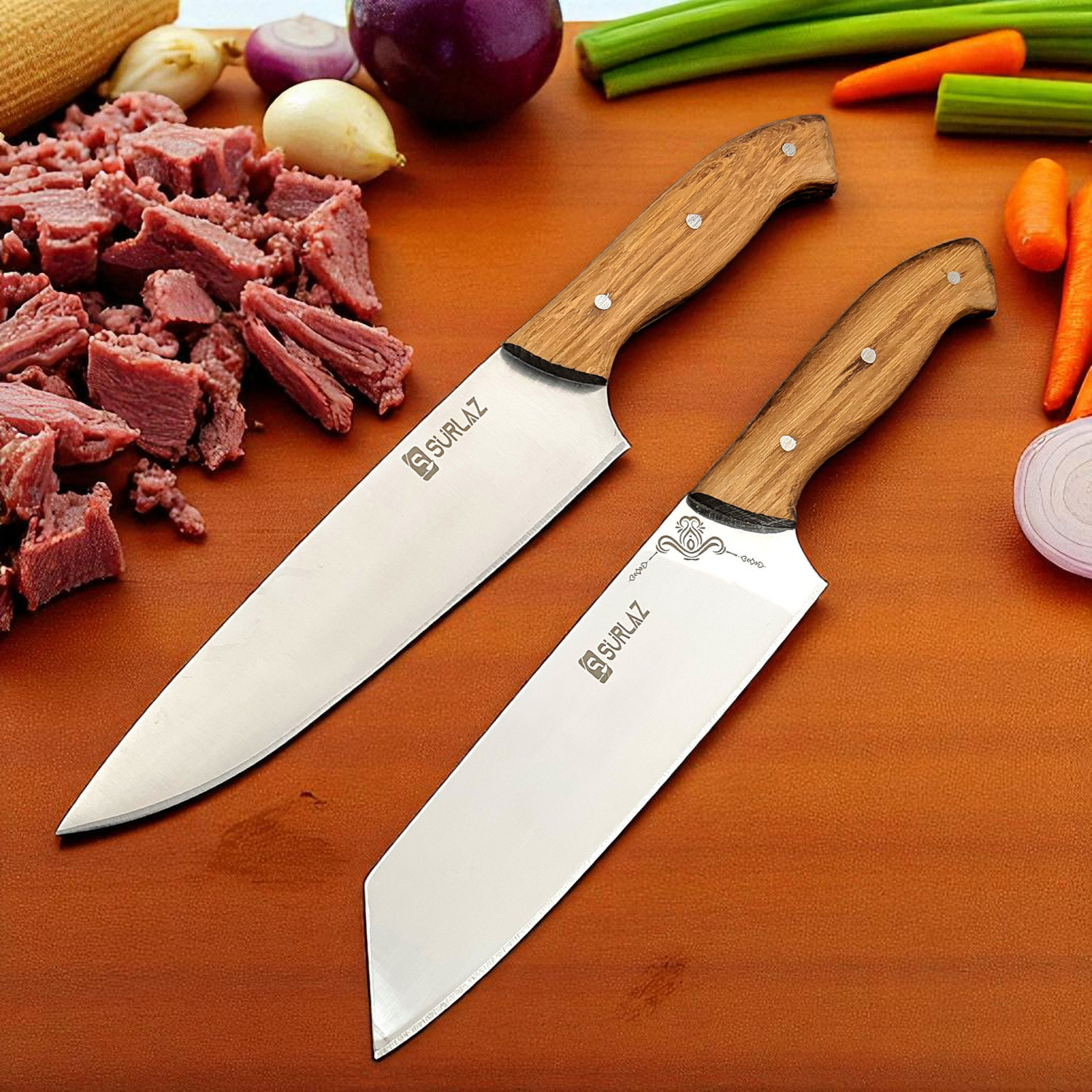 2’li Şef Bıçağı Hediye Seti – El Yapımı Ahşap Saplı Paslanmaz Çelik Profesyonel Mutfak Bıçakları