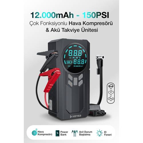 taşınabilir 12000 dijital hava kompresörü ve akü tavkiye jump starter powerbank