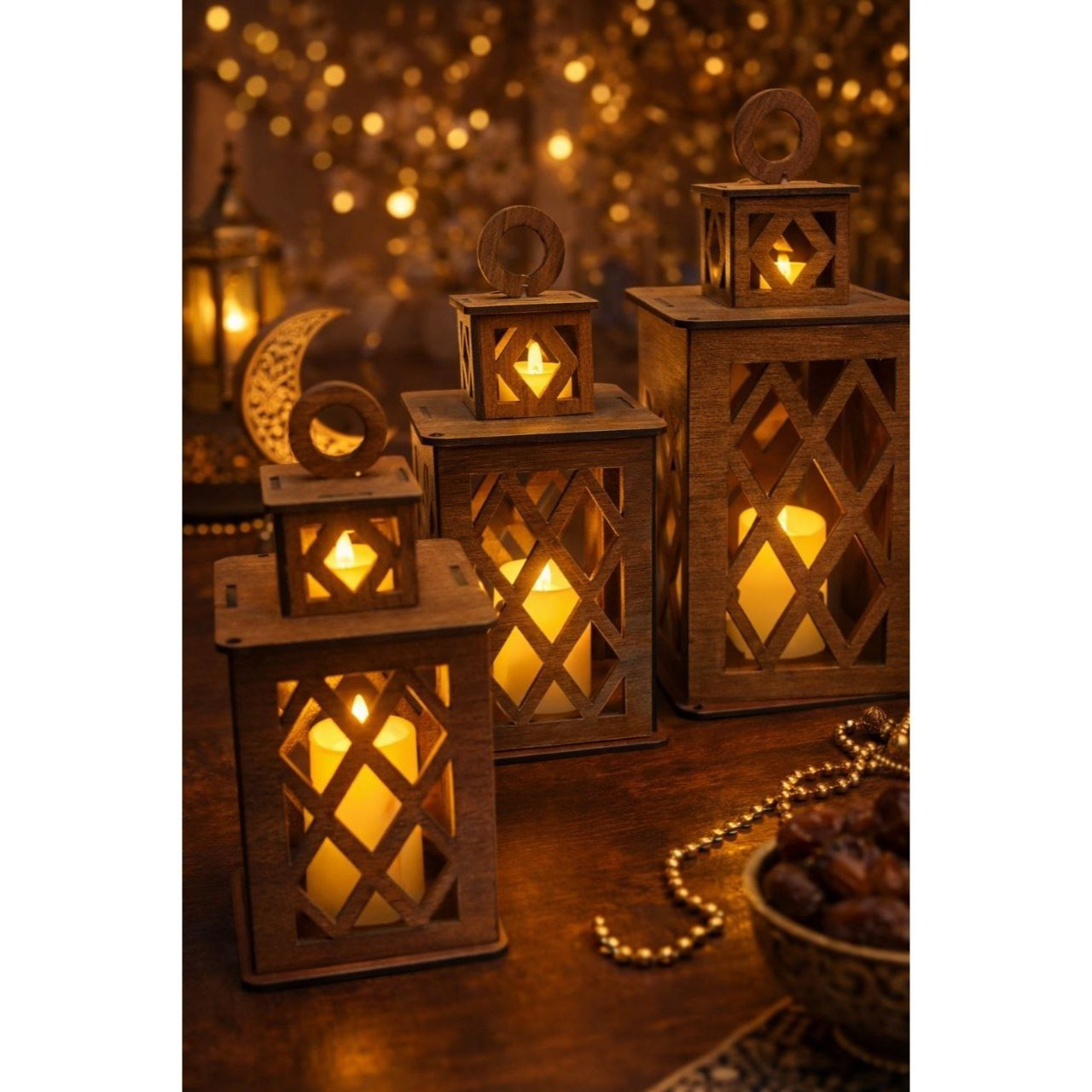 مجموعة   رمضان الخشبية من 3 قطع + 3 شموع إلكترونية (20x10 سم) تفاصيل المنتج 0