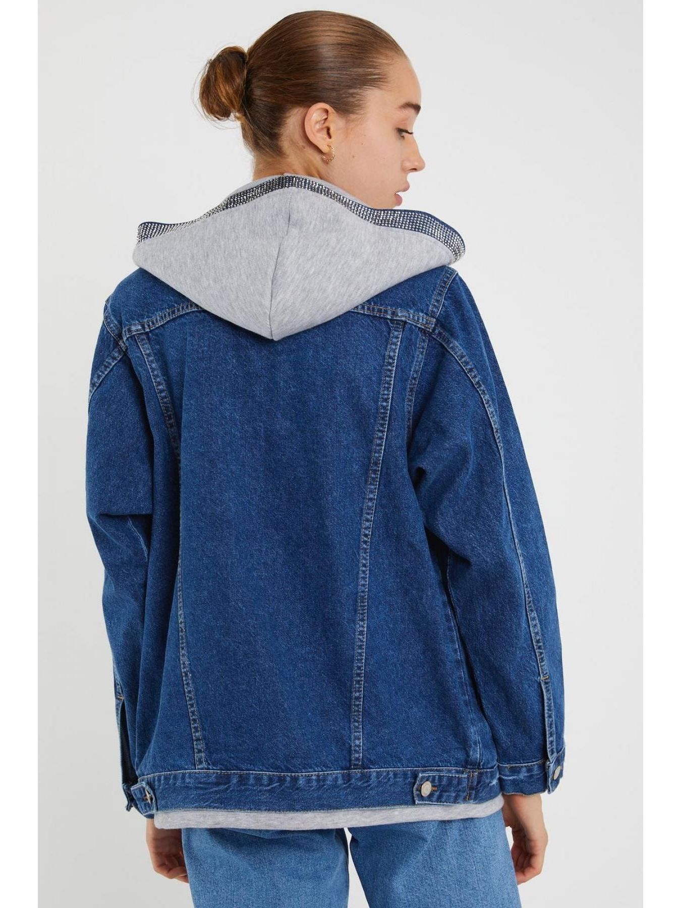 Kadın Oversize Taşlı Kapşonlu Kırmızı Kot Mont