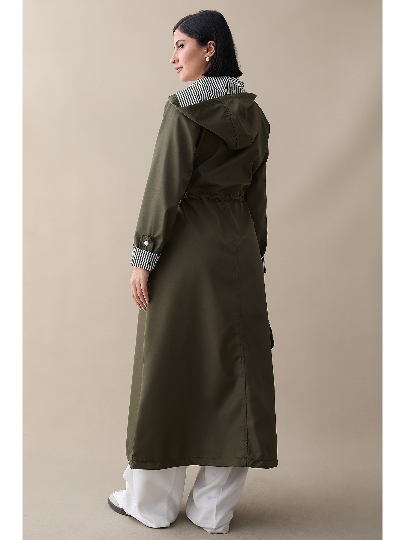 Çakımlı Çizgili Desen Uzun Haki Trençkot