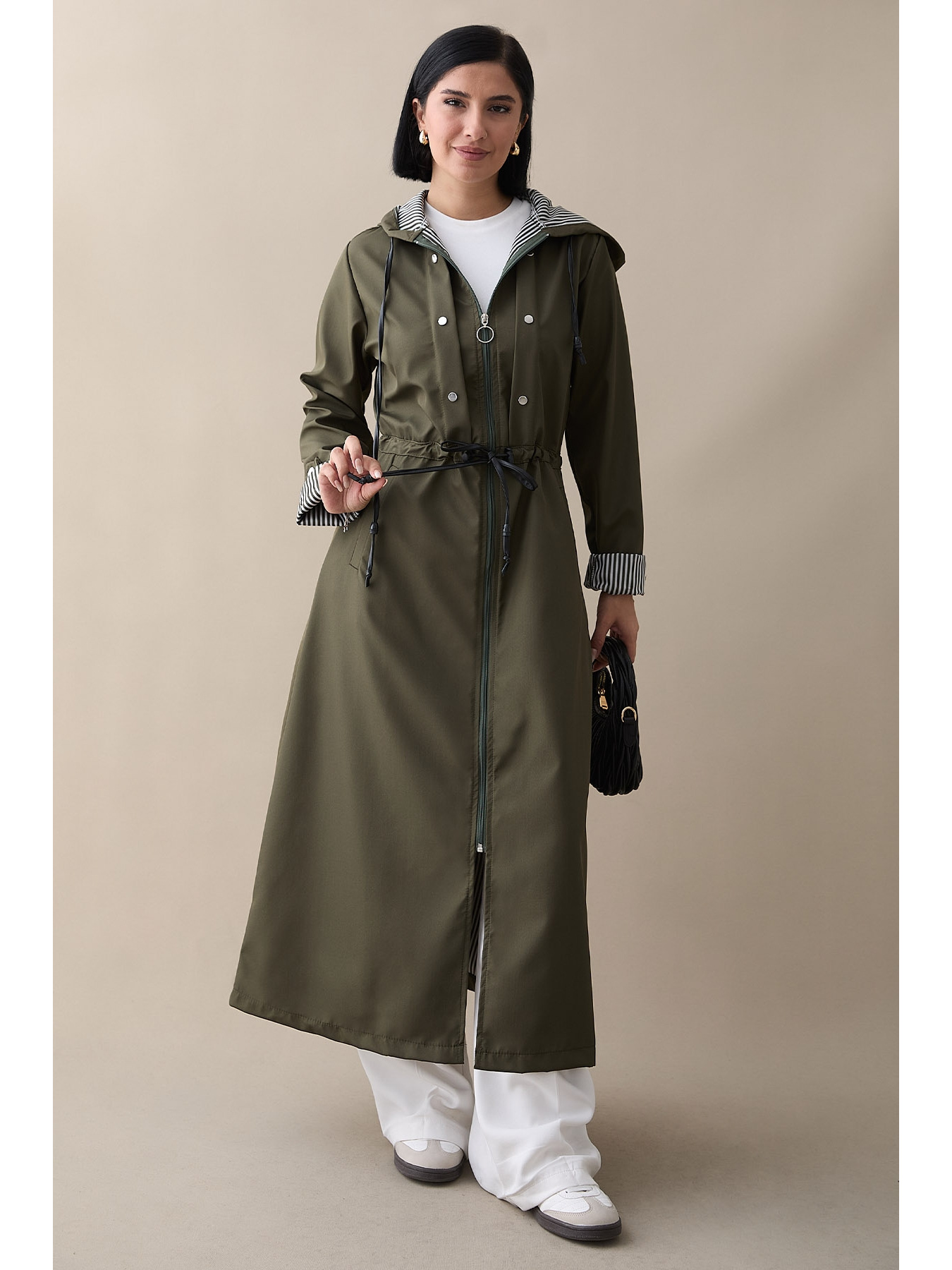 Çakımlı Çizgili Desen Uzun Haki Trençkot