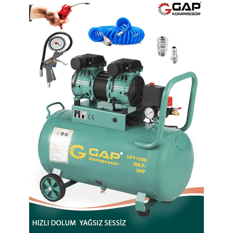 Germany Stle GP 50 Litre Sessiz Yağsız Hızlı Dolum 2 HP Kompresör Lastik Şişirme Hava Hortumu Setli