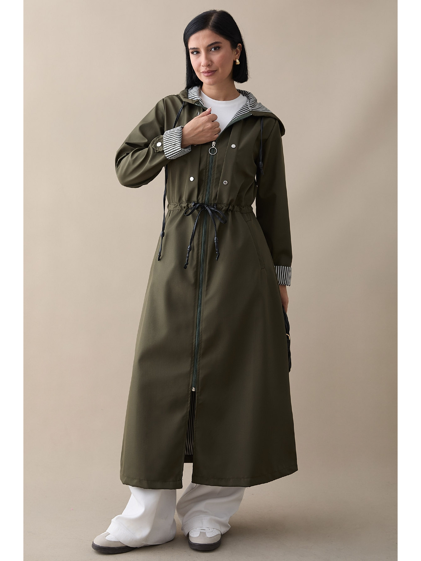 Çakımlı Çizgili Desen Uzun Haki Trençkot