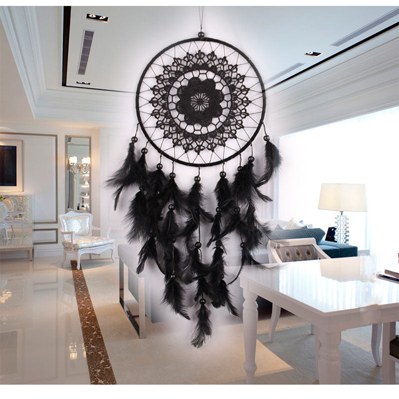 Işıklı Dantel Desenli Siyah El Yapımı Düş Kapanı Ev Bohem Duvar Süsü Dekorasyonu Dream Catcher