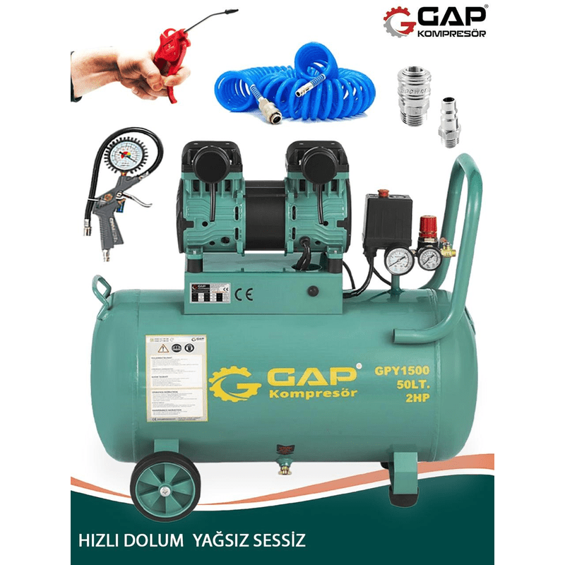Germany Stle GP 50 Litre Sessiz Yağsız Hızlı Dolum 2 HP Kompresör Lastik Şişirme Hava Hortumu Setli