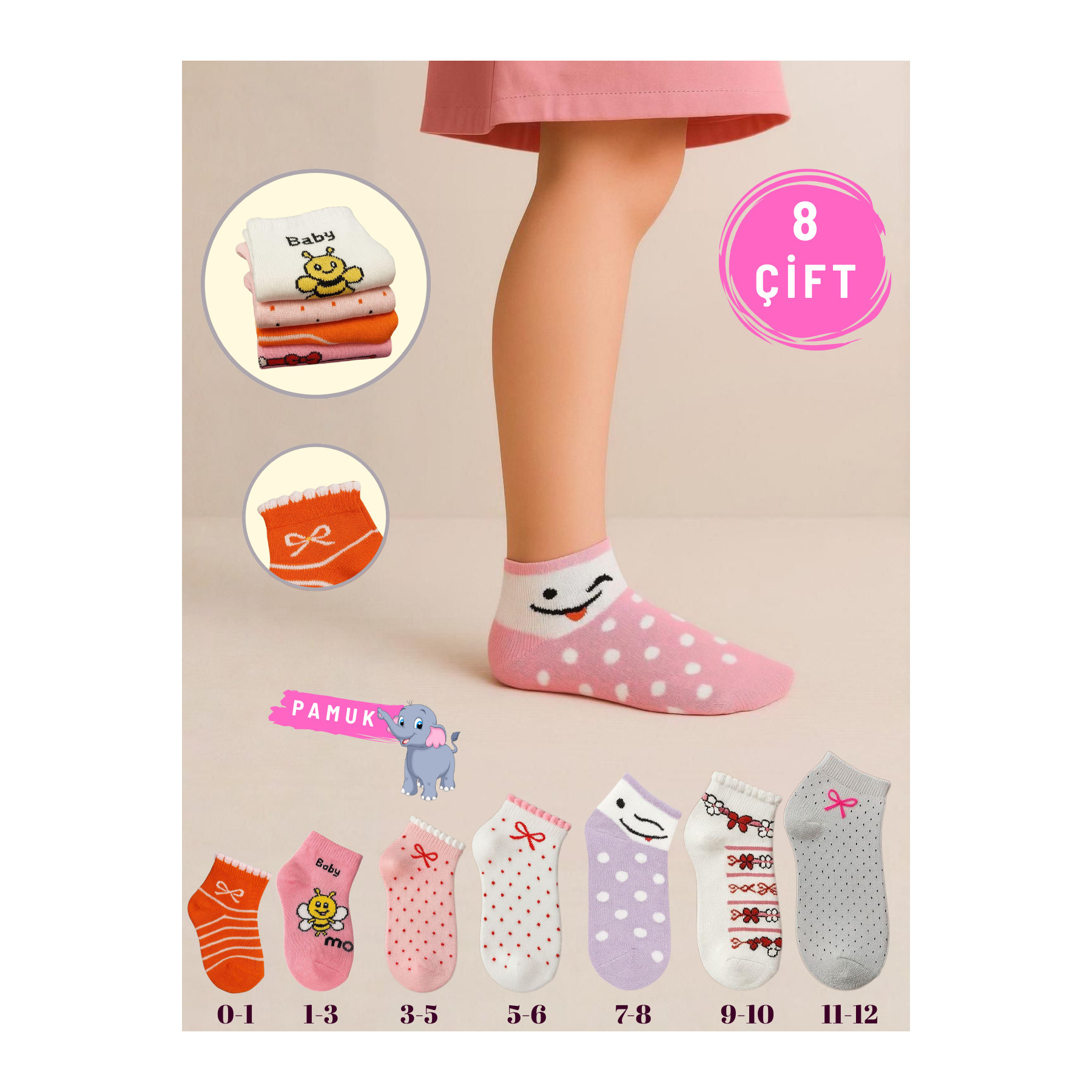 8'li Kız Çocuk Patik Okul Çorabı Mix Desen: retailer-supplied image
