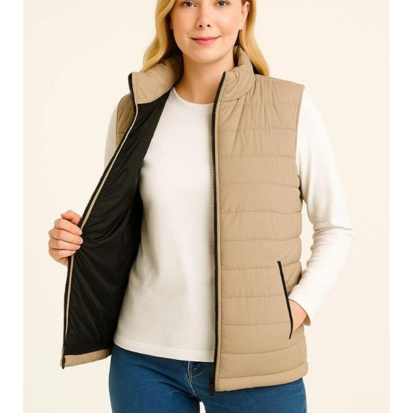 Şişme Fermuarlı Yelek Su Itici Kapitone Astarlı Kumaş Cepli Hafif Kışlık Spor Rahat Kalıp - Bej: retailer-supplied image