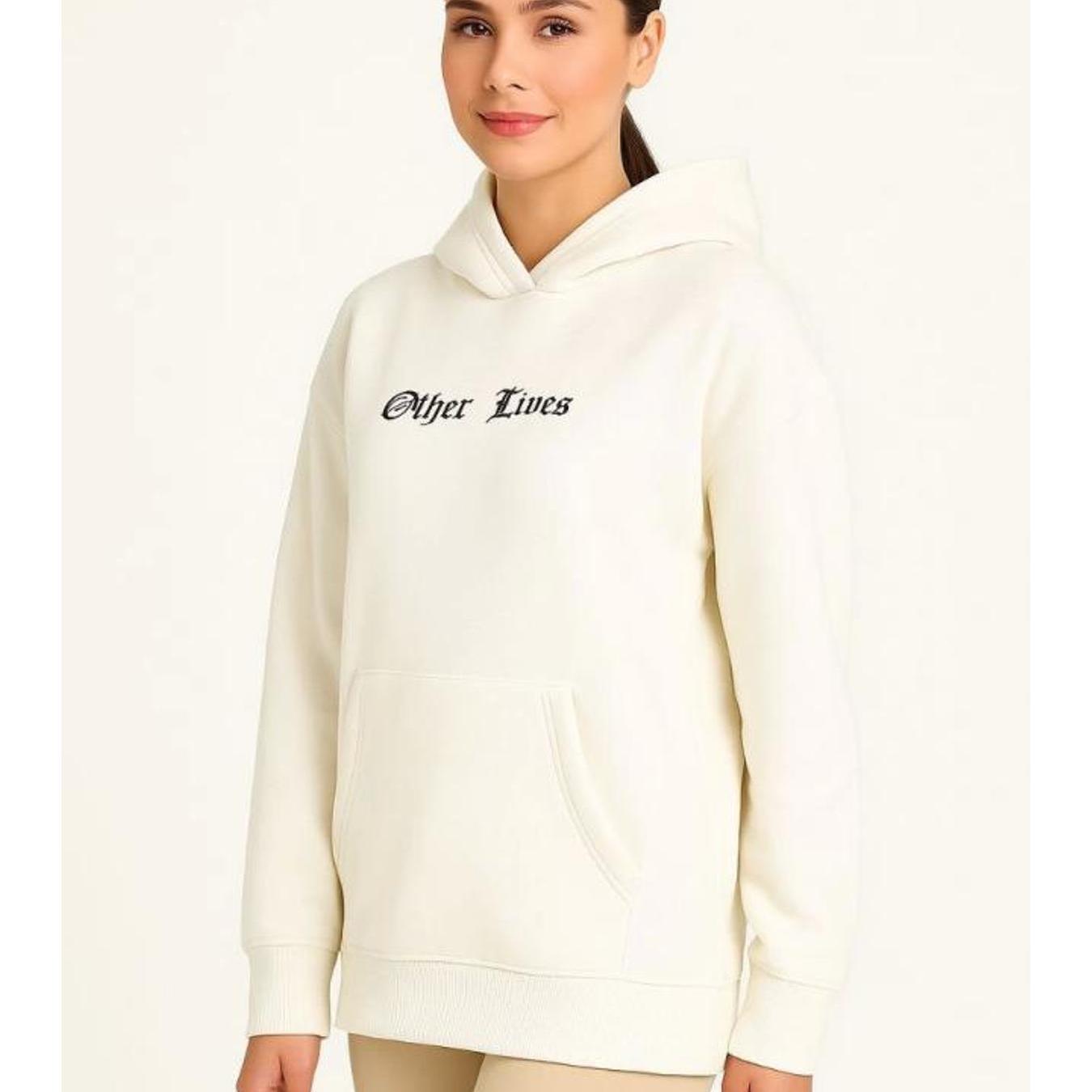 Üç İplik Kapşonlu ön Ve Arka Baskılı SweatShirt Hoodie- Beyaz: retailer-supplied image