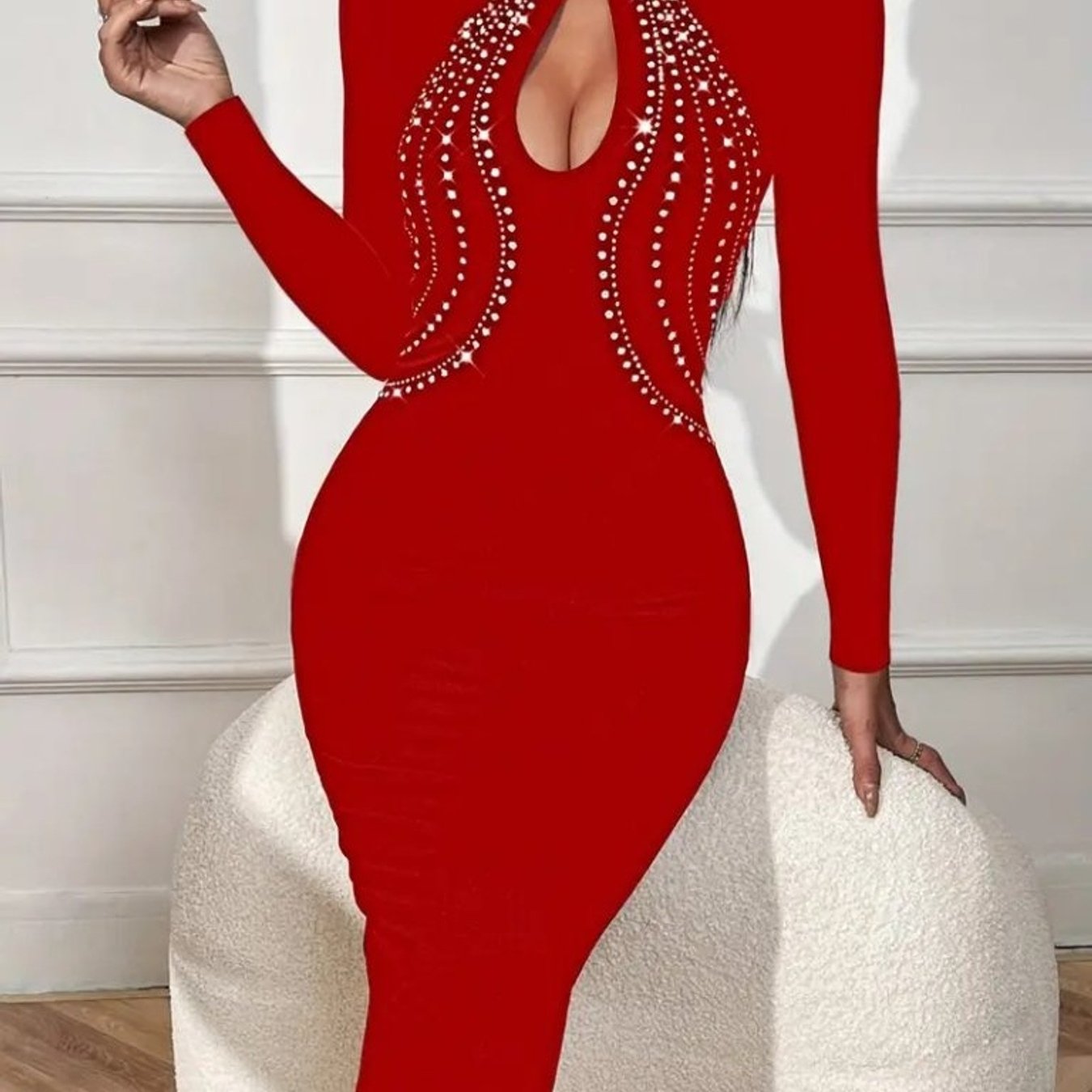 Kadın Uzun Kollu Balıkçı Yaka Taşlı Damla Detay Midi Ithal Krep Elbise: retailer-supplied image