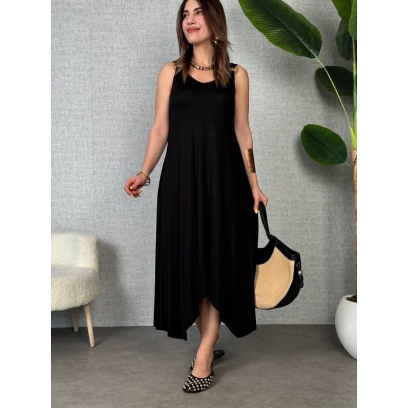 Kadın Dokuma Kumaş V Yaka Asimetrik Çan Kesim Elbise: retailer-supplied image