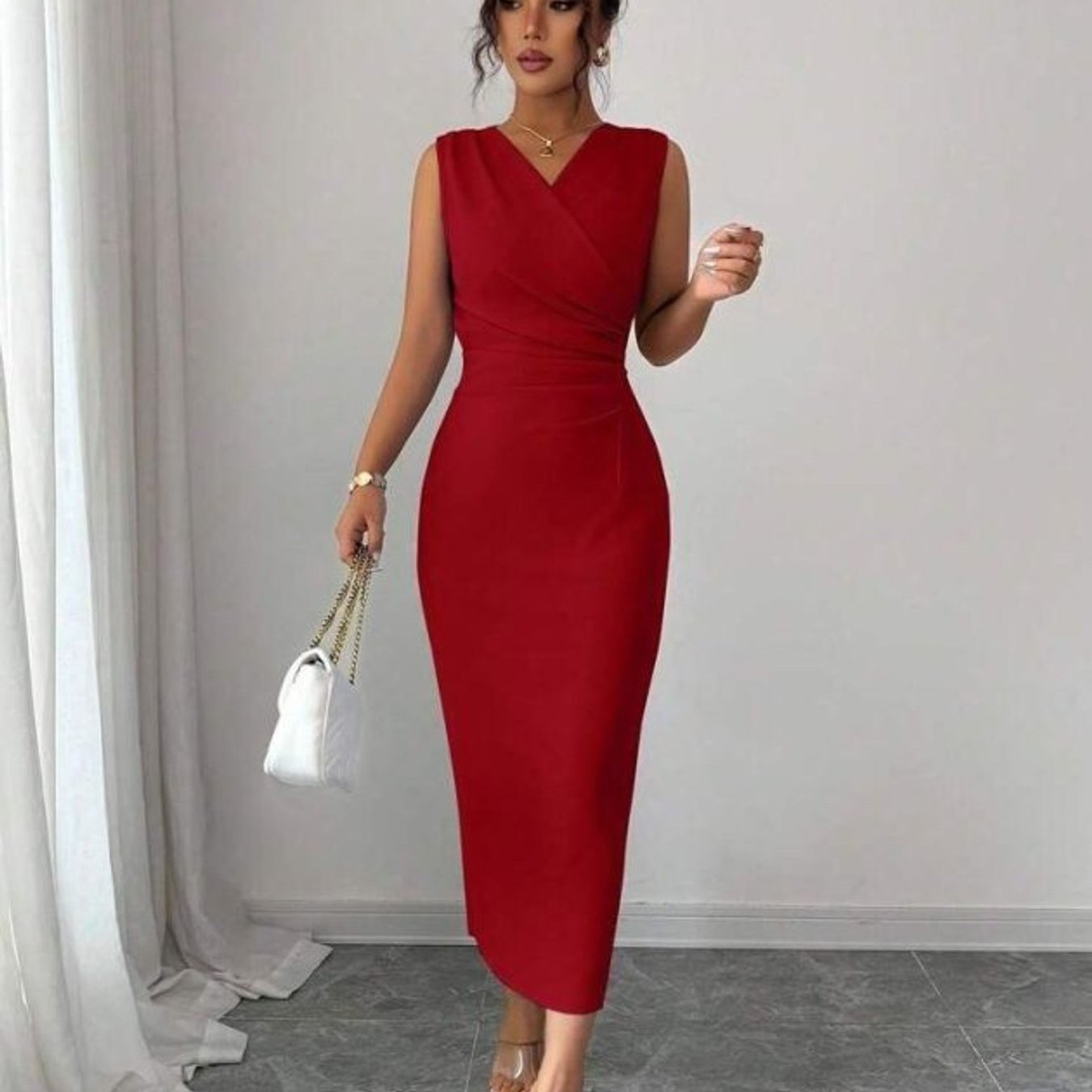 Kadın Kısa Kollu Hakim Yakalı çiçek Aksesuar Detaylı Kısa Ithal Krep Elbise: retailer-supplied image